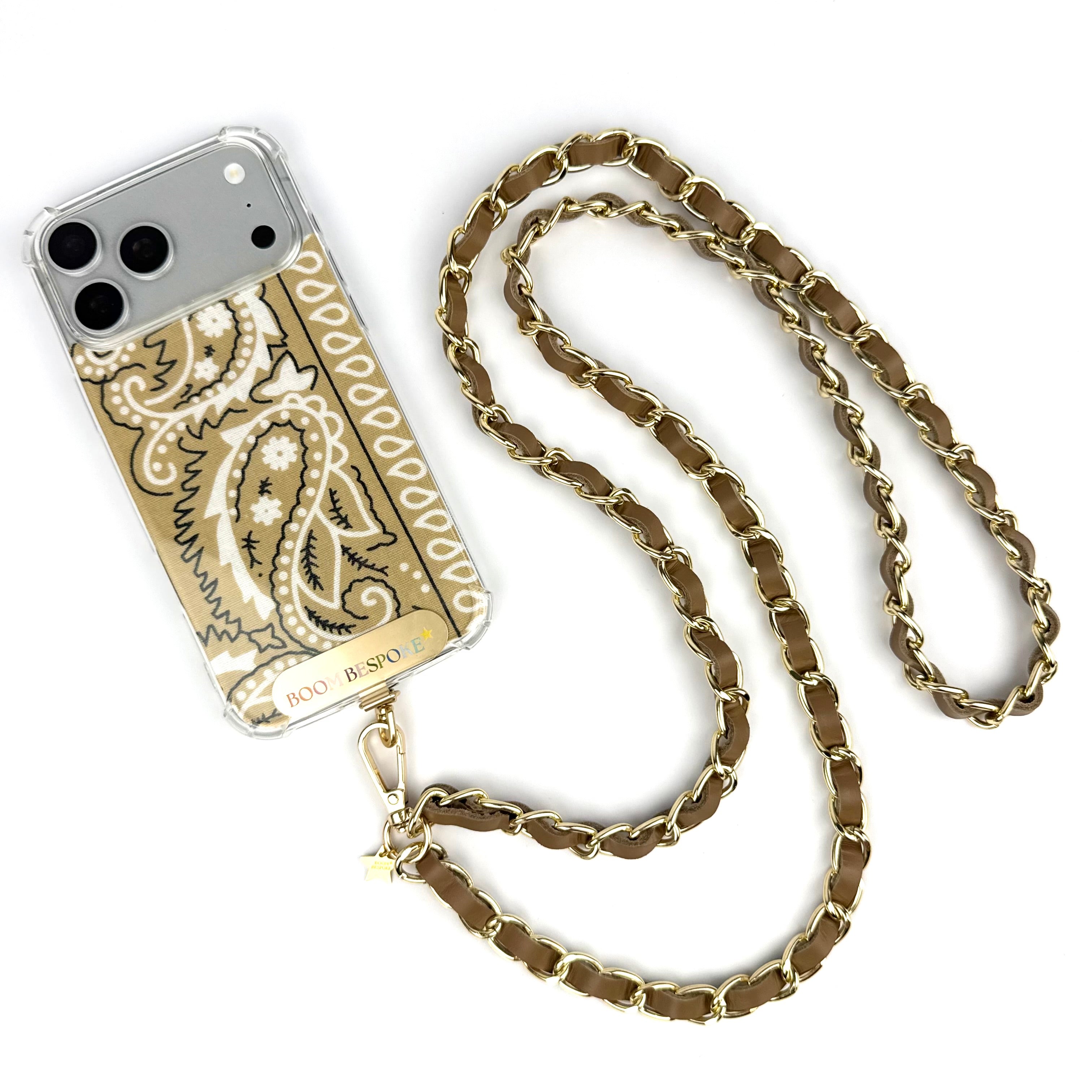 ‘TEA’ TAUPE LEATHER GOLD CHAIN CROSSBODY PHONE STRAP