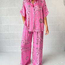 Load image into Gallery viewer, ‘FLAMINGO’ PINK BANDANA SILK TROUSERS CO-ORD
