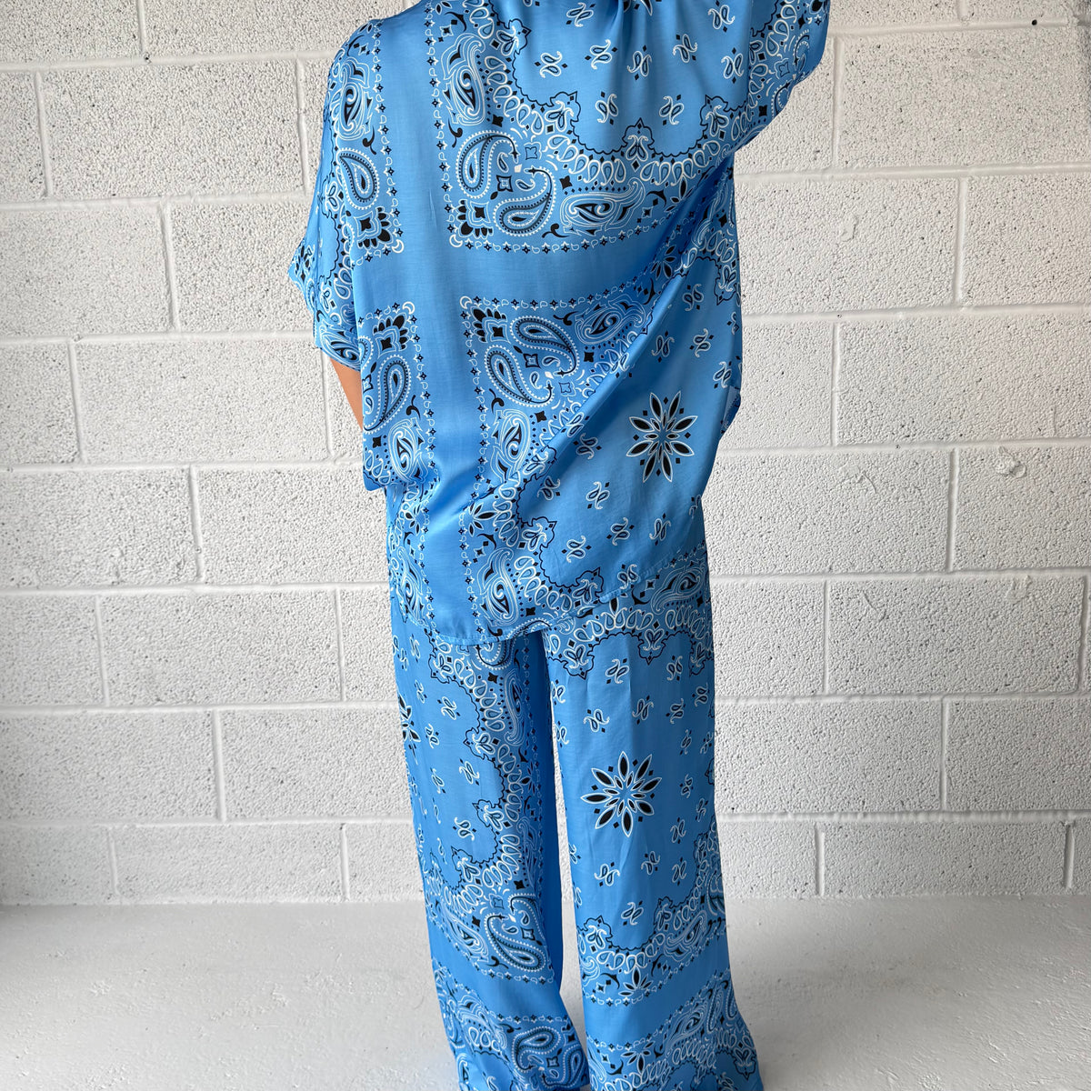 ‘AZURE’ BLUE BANDANA SILK TROUSERS CO-ORD