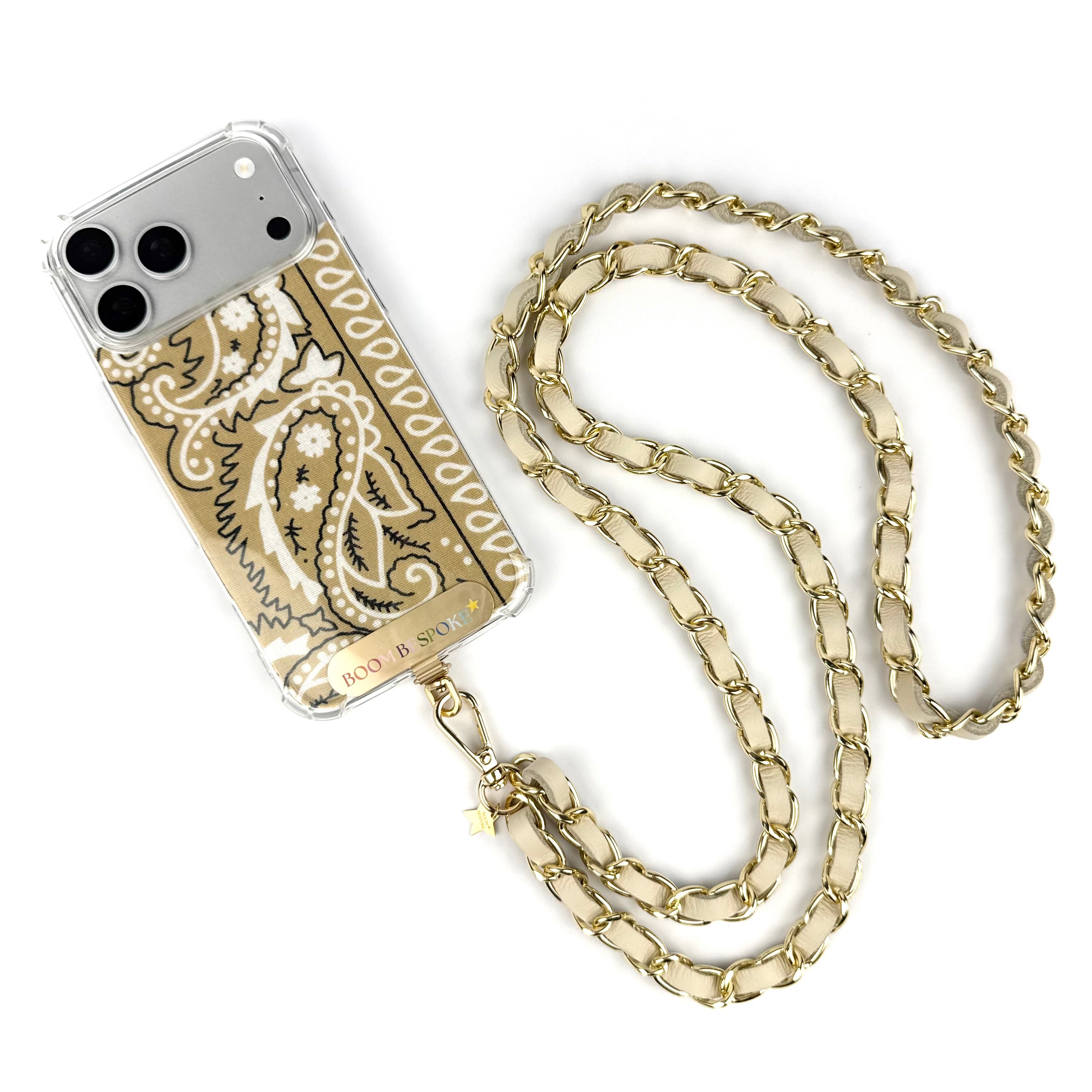 ‘CREAMY’ CREAM LEATHER GOLD CHAIN CROSSBODY PHONE STRAP
