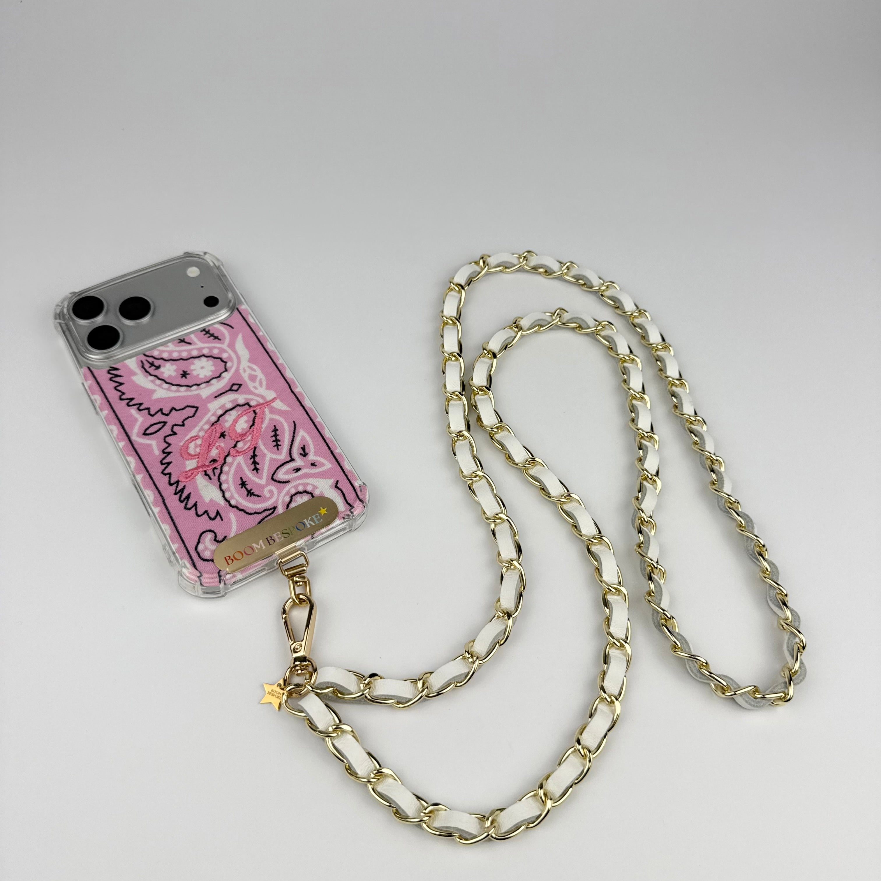‘SALT’ WHITE LEATHER GOLD CHAIN CROSSBODY PHONE STRAP