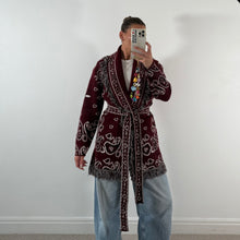 Load image into Gallery viewer, PREORDER ‘WINE’ BANDANA KNIT BELTED LONGLINE CARDIGAN

