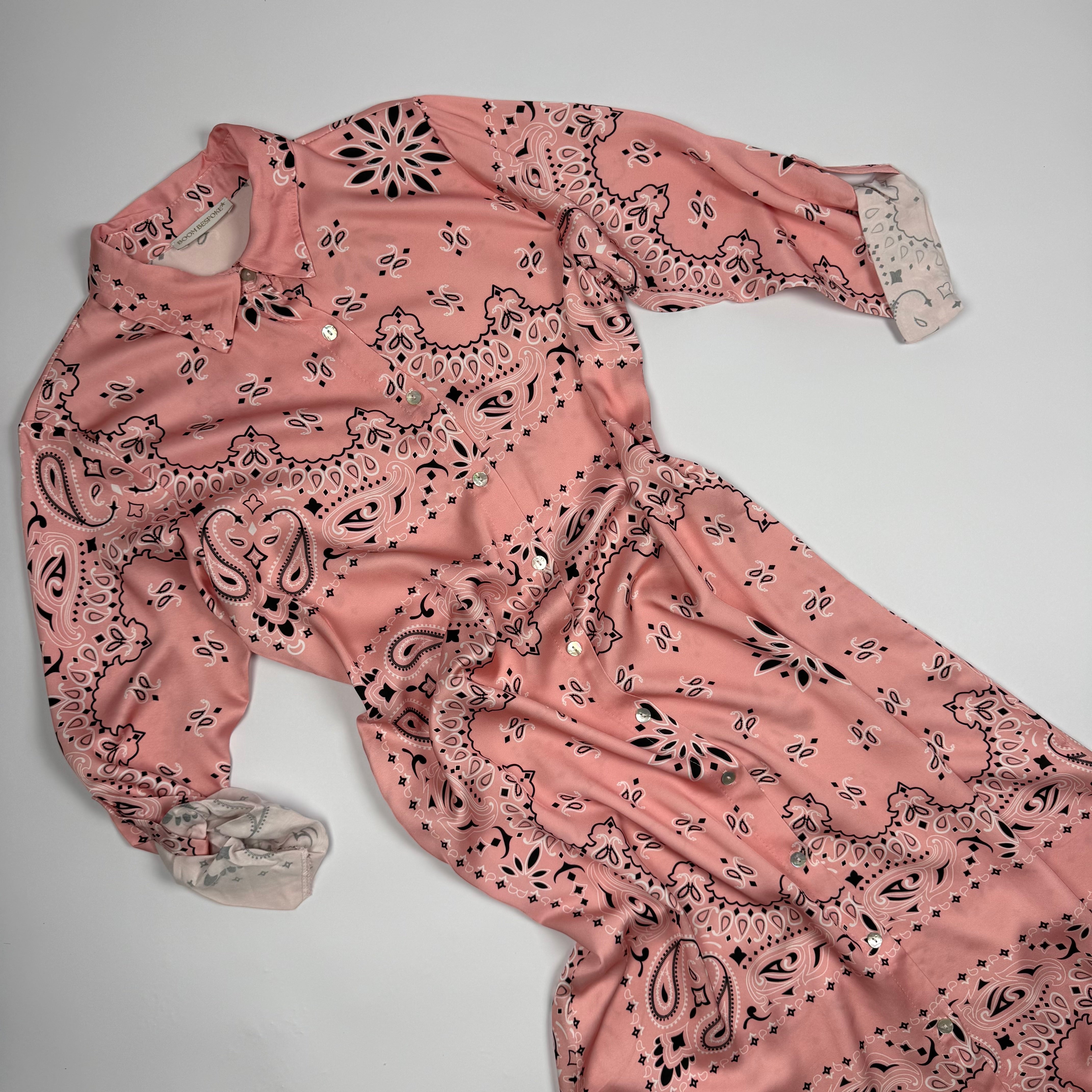 ‘ROSÉ’ PINK BANDANA SILK MAXI SHIRT DRESS