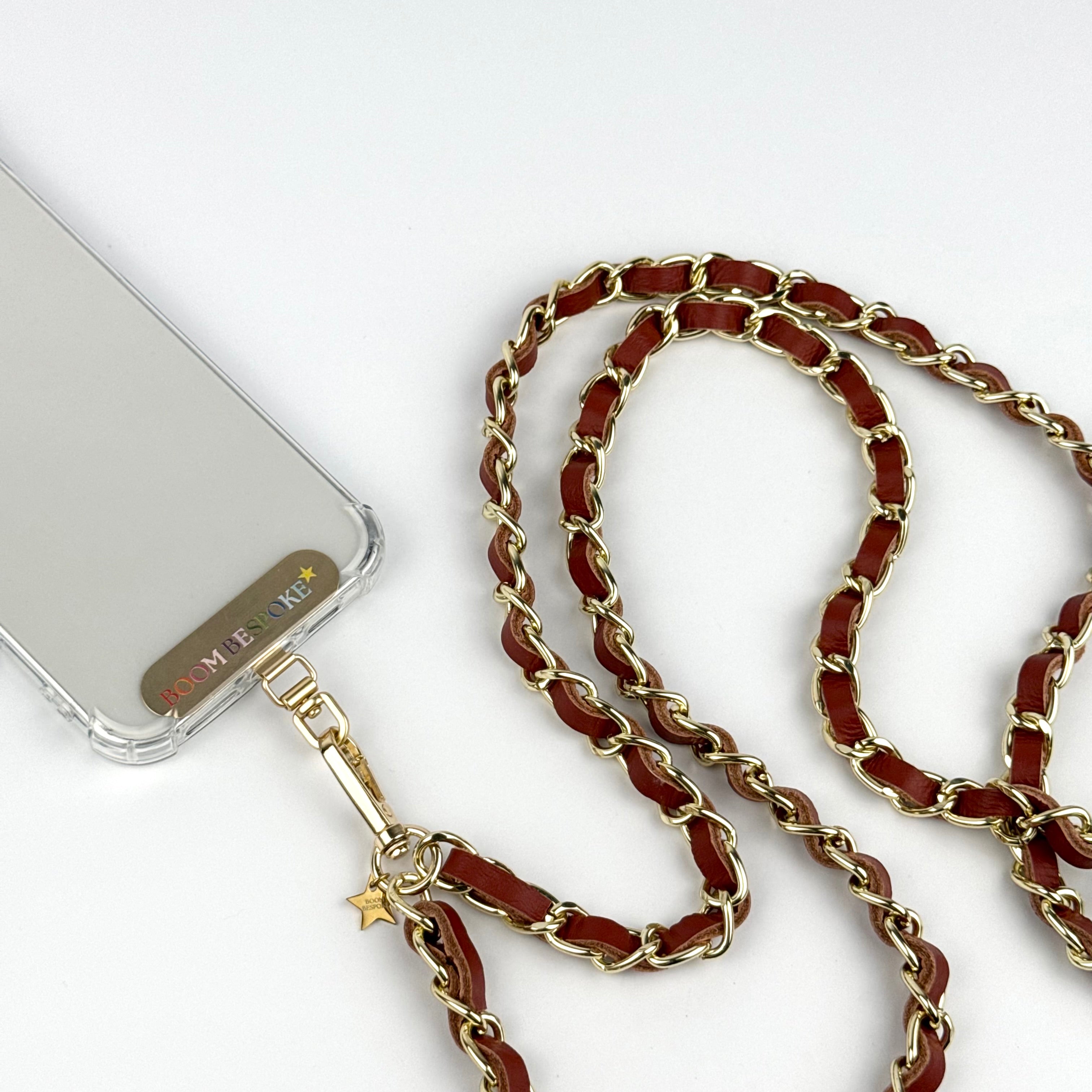 ‘RUST’ DEEP TAN LEATHER GOLD CHAIN CROSSBODY PHONE STRAP