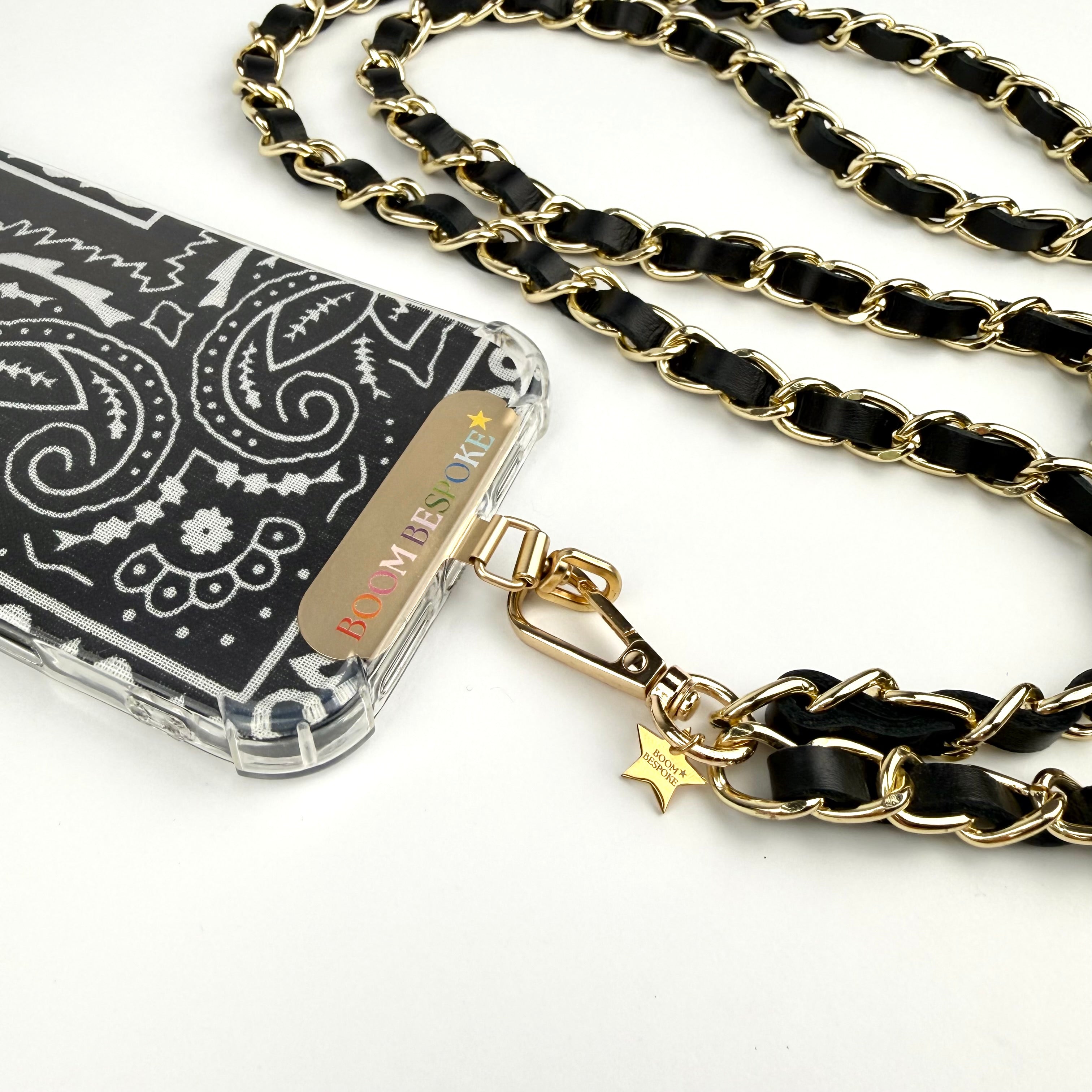 ‘COAL’ BLACK LEATHER GOLD CHAIN CROSSBODY PHONE STRAP