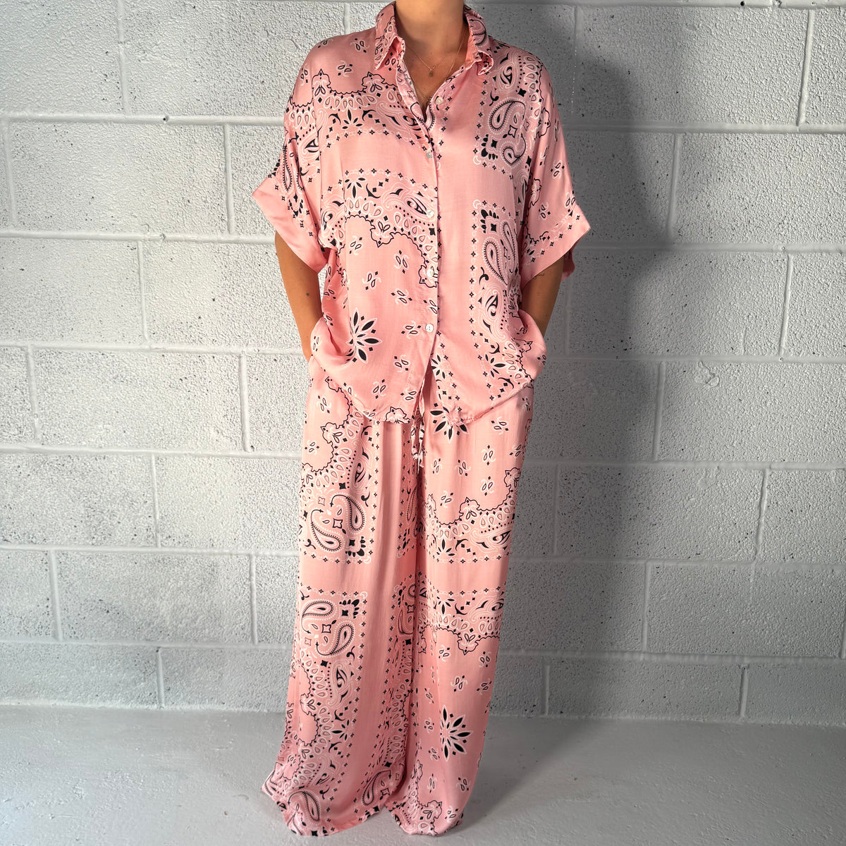 ‘ROSÉ’ PINK BANDANA SILK TROUSERS CO-ORD