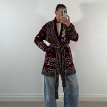 Load image into Gallery viewer, PREORDER ‘WINE’ BANDANA KNIT BELTED LONGLINE CARDIGAN
