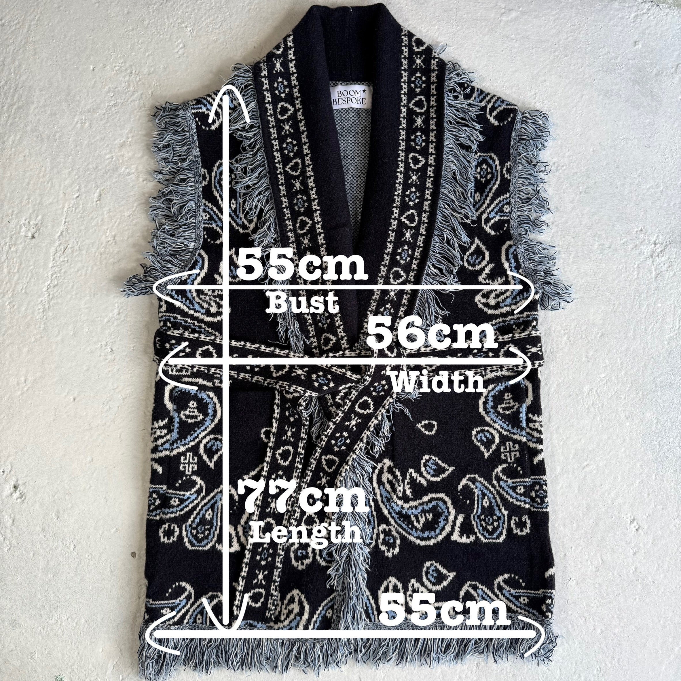 ‘INKED’ BANDANA KNIT BELTED LONGLINE SLEEVELESS CARDIGAN
