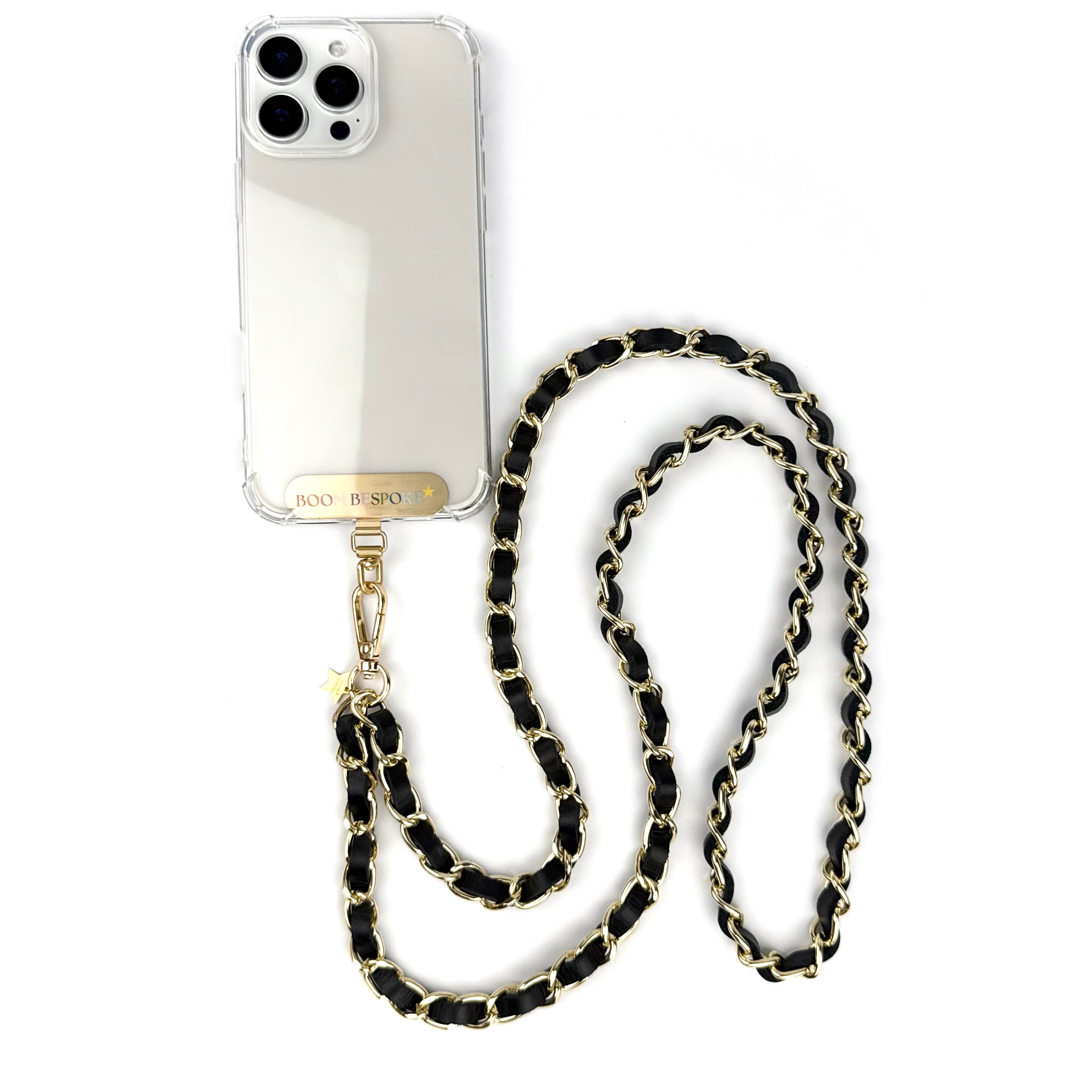 ‘COAL’ BLACK LEATHER GOLD CHAIN CROSSBODY PHONE STRAP