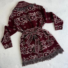 Load image into Gallery viewer, PREORDER ‘WINE’ BANDANA KNIT BELTED LONGLINE CARDIGAN
