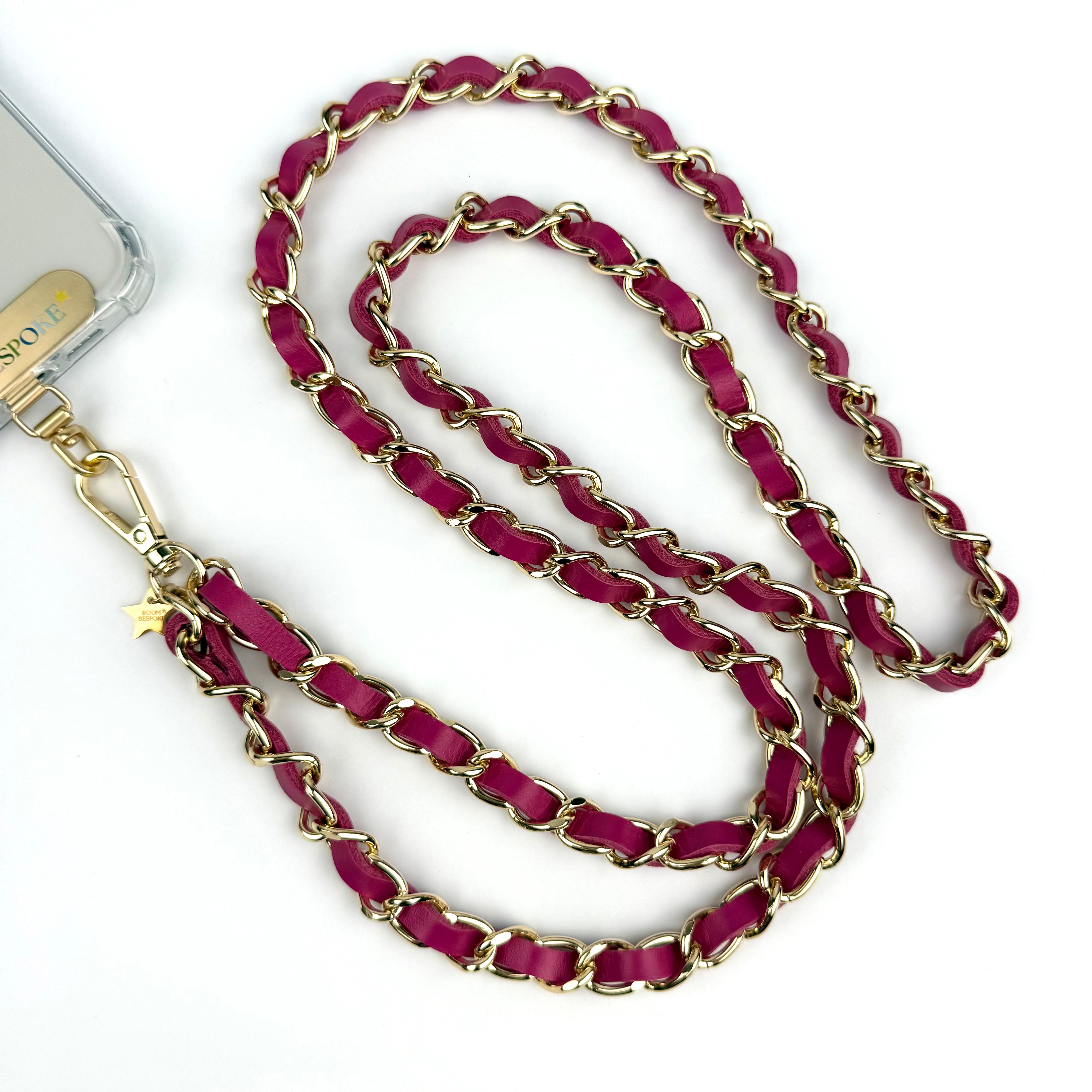 ‘FLAMINGO’ PINK LEATHER GOLD CHAIN CROSSBODY PHONE STRAP