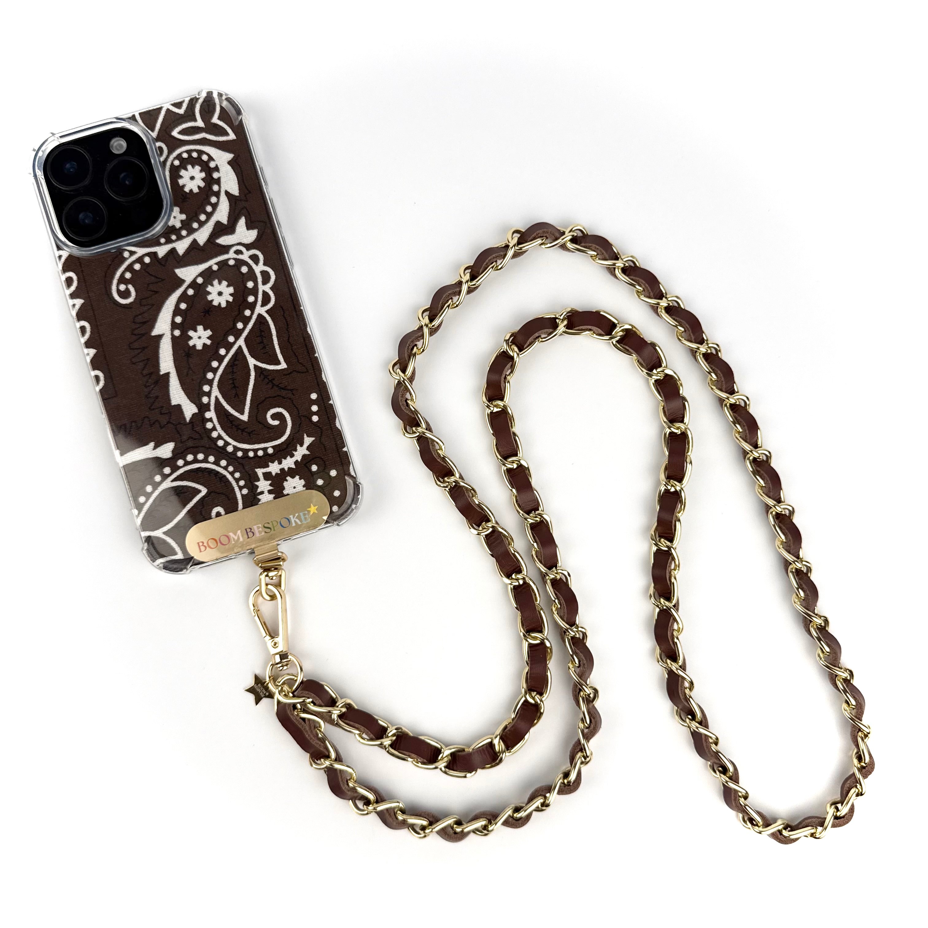 ‘ESPRESSO’ BROWN LEATHER GOLD CHAIN CROSSBODY PHONE STRAP