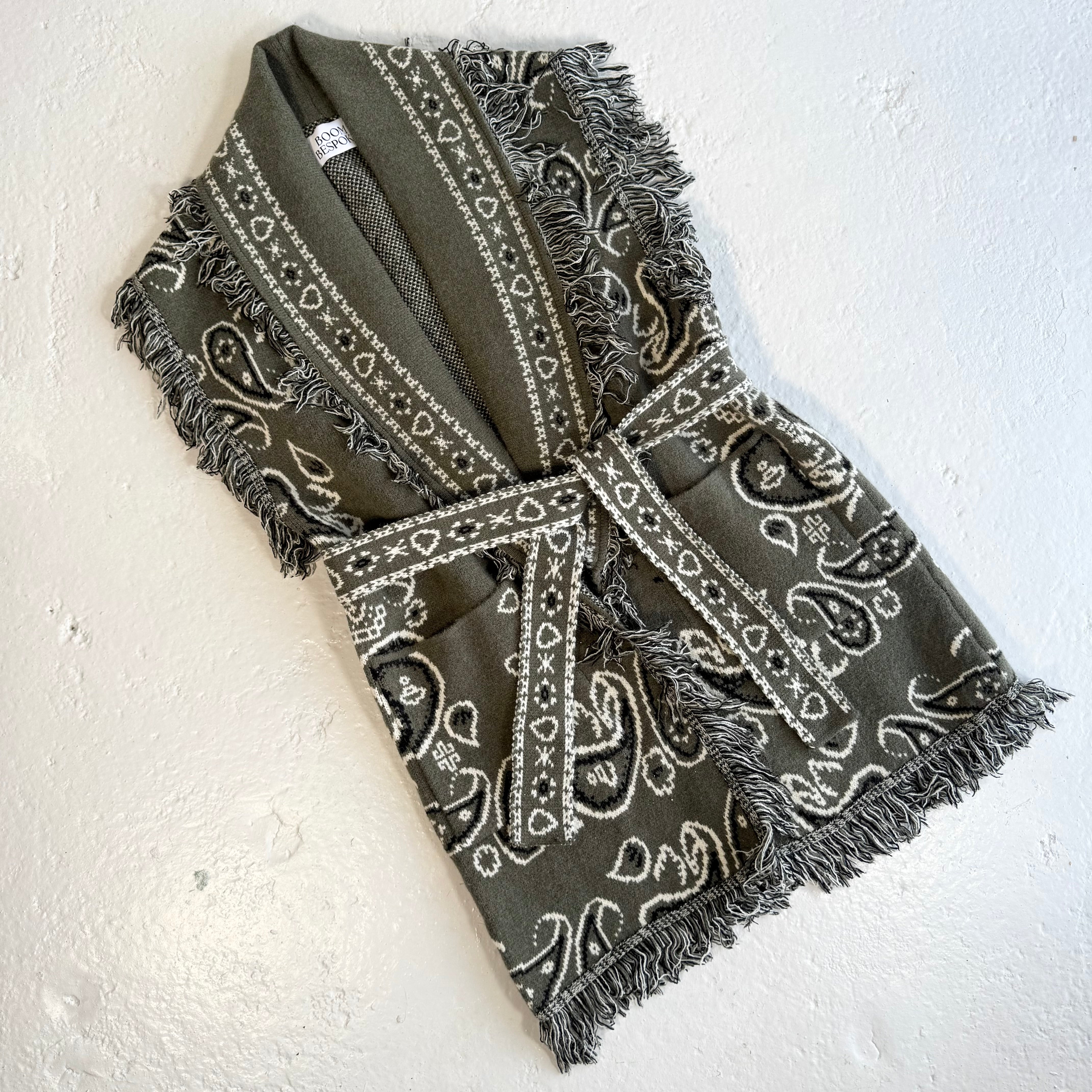 ‘OLIVE’ BANDANA KNIT BELTED LONGLINE SLEEVELESS CARDIGAN
