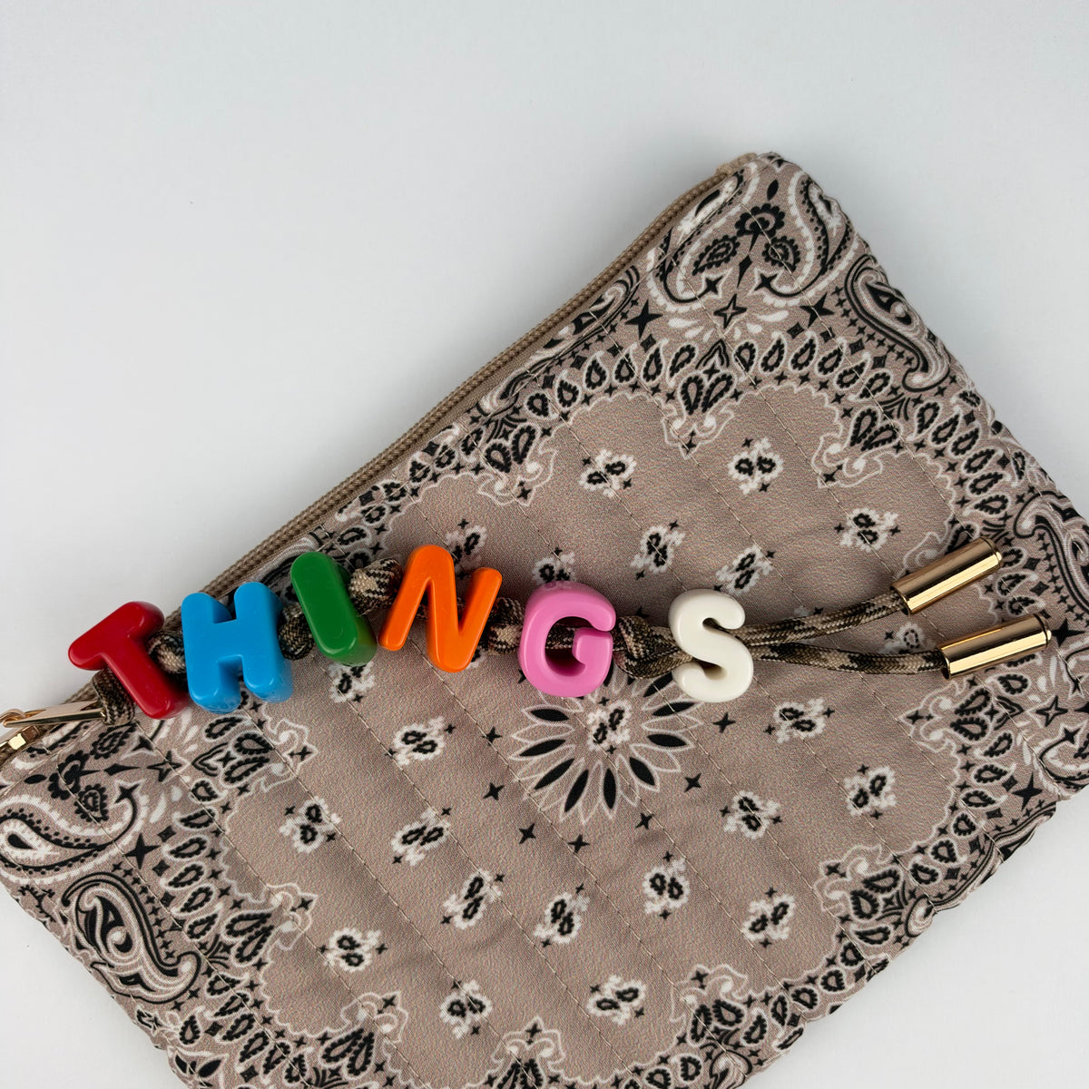 TAUPE BESPOKE CHUNKY LETTER BEAD BANDANA ZIP POUCH