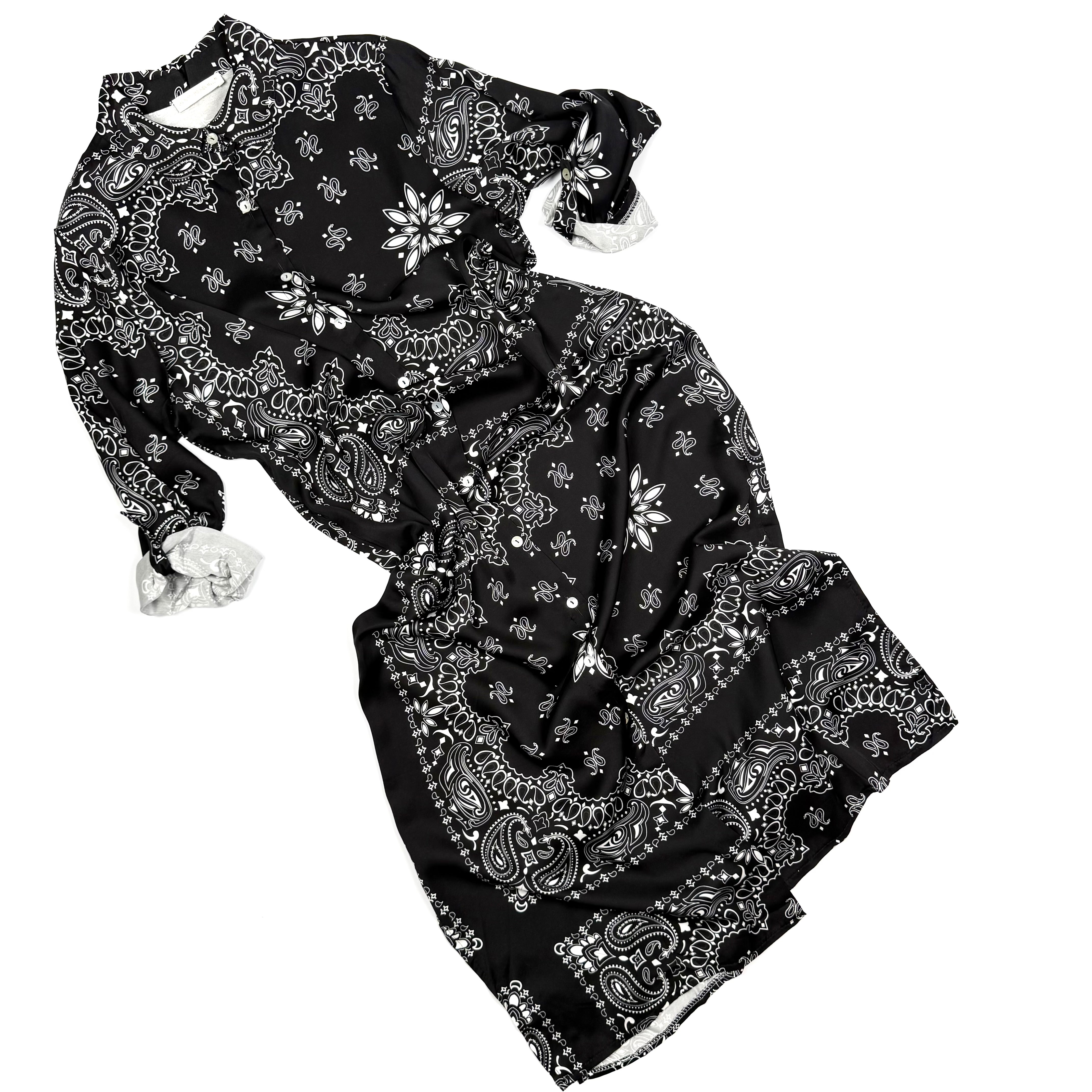 ‘INKED’ BLACK BANDANA SILK MAXI SHIRT DRESS
