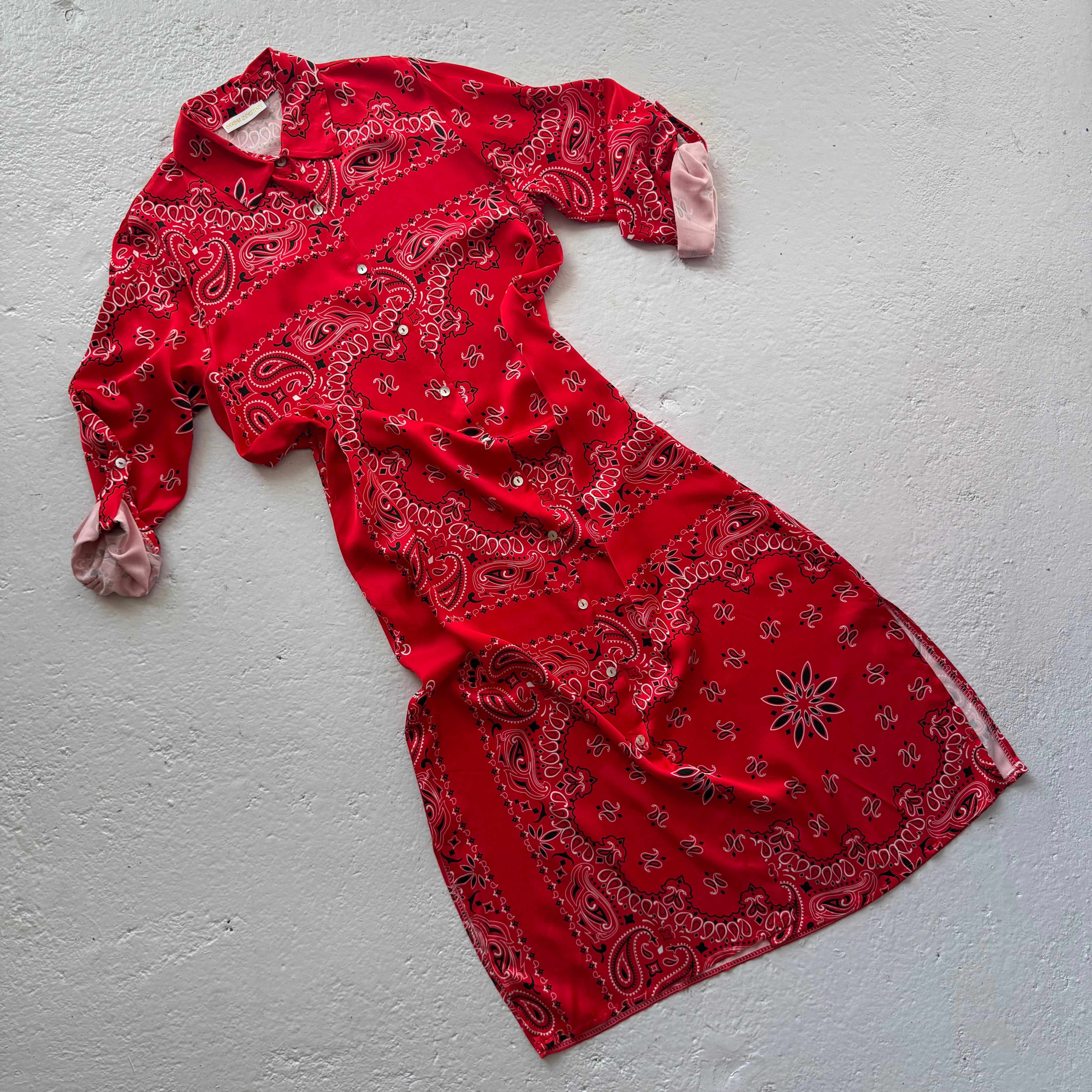 ‘CHERRY’ RED BANDANA SILK MAXI SHIRT DRESS