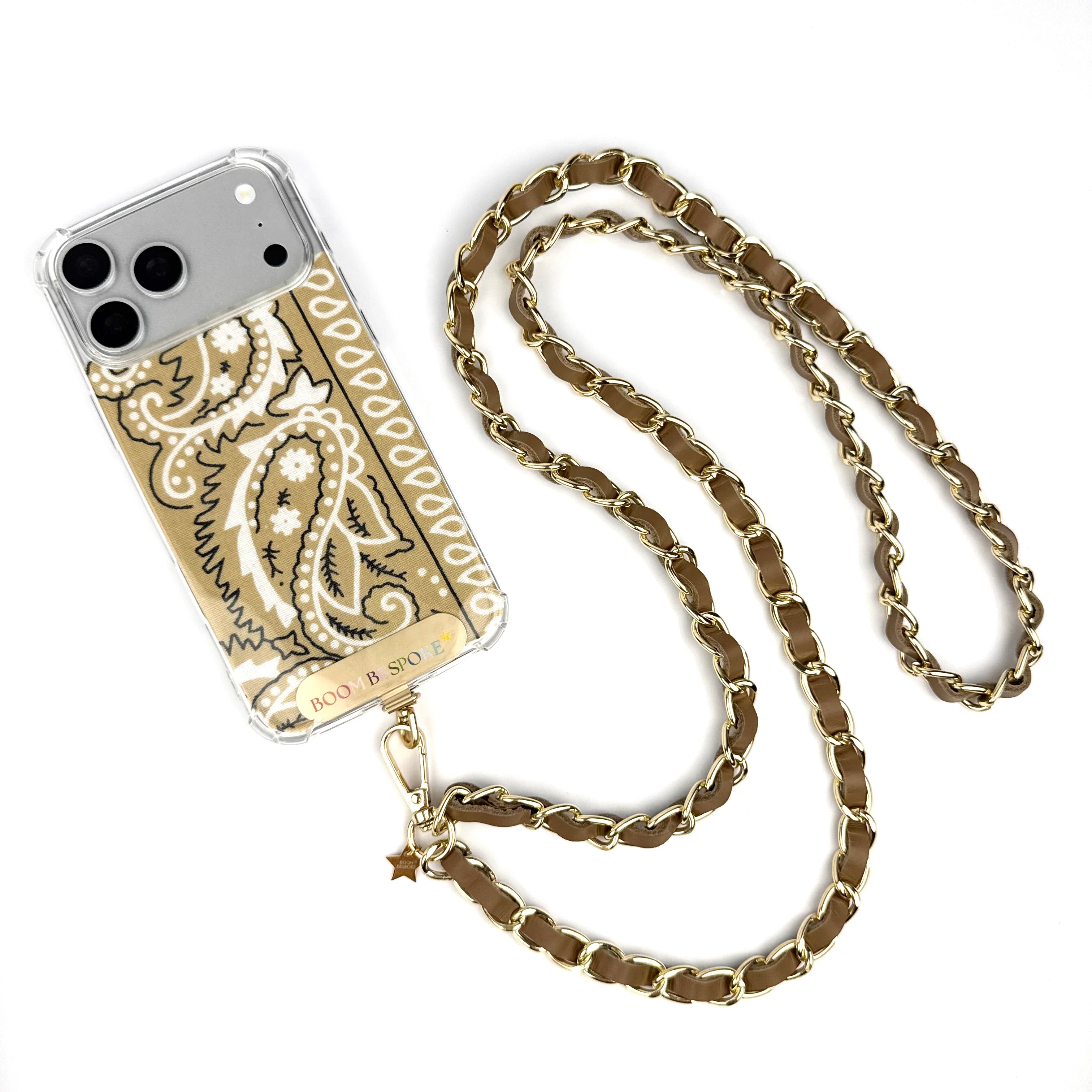 ‘TEA’ TAUPE LEATHER GOLD CHAIN CROSSBODY PHONE STRAP