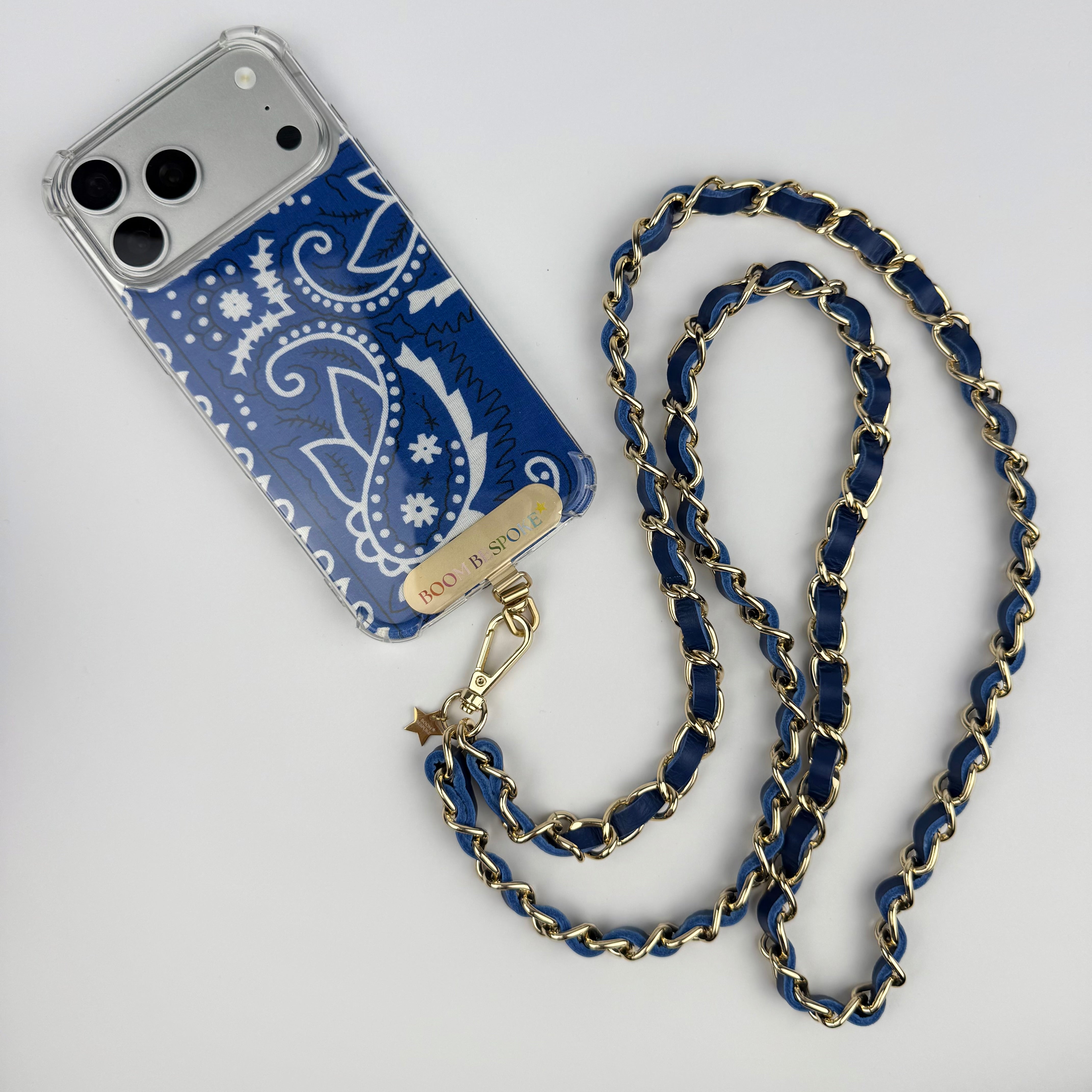 ‘PETROL’ BLUE LEATHER GOLD CHAIN CROSSBODY PHONE STRAP