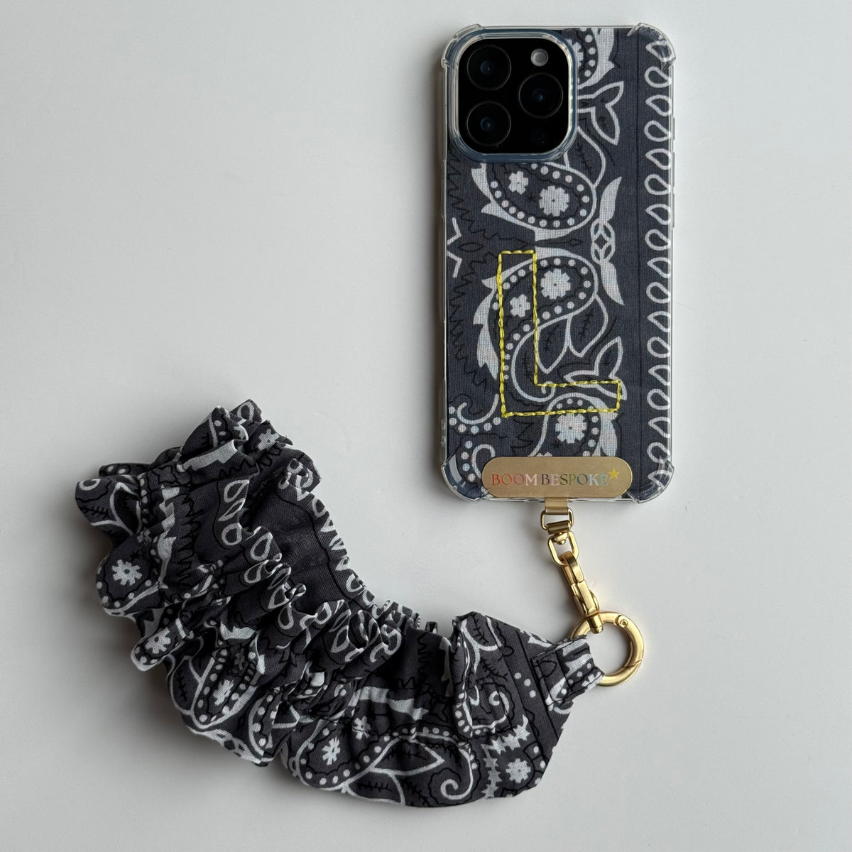 CHARCOAL GREY RUFFLE BANDANA WRISTLET  PHONE STRAP