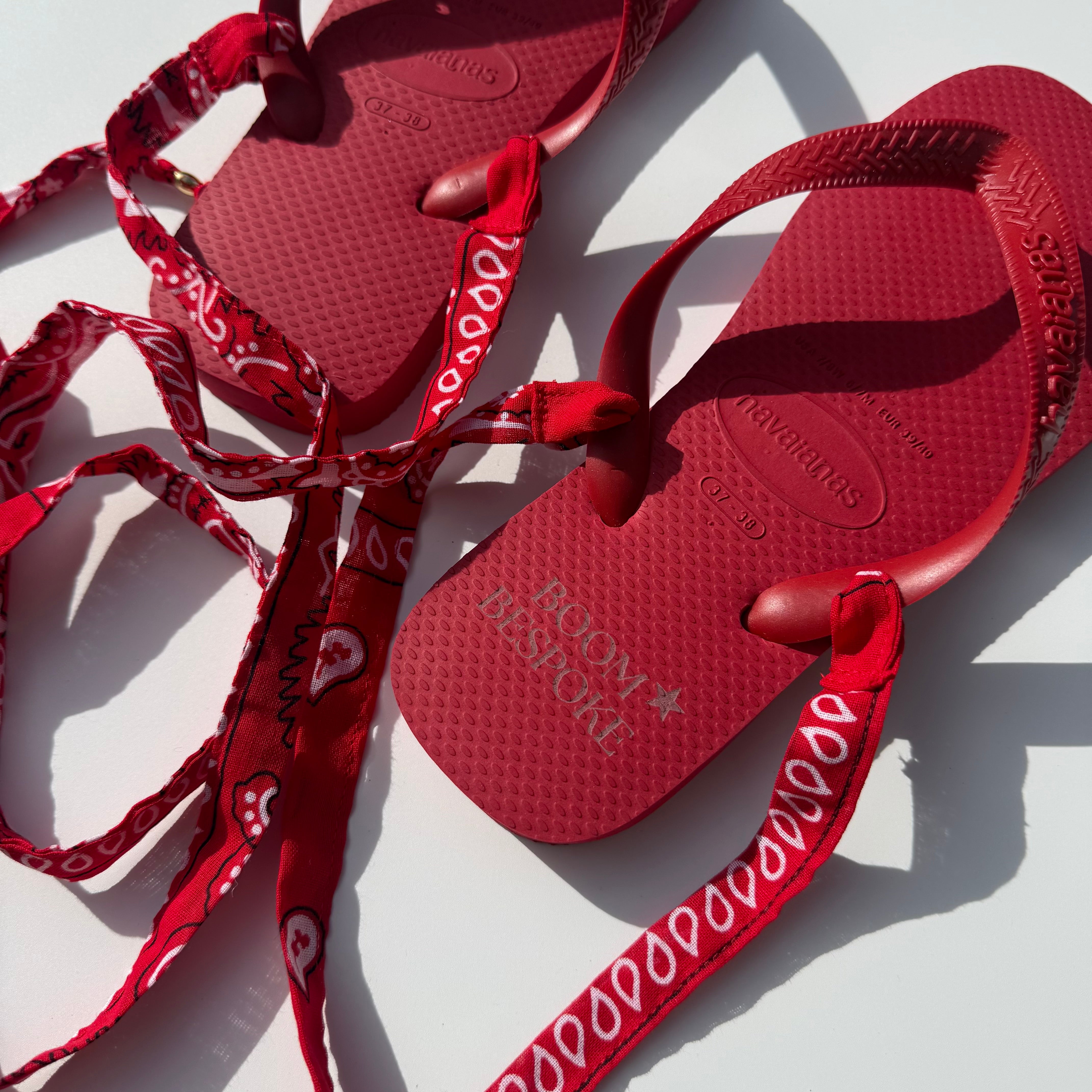‘CHERRY’ RED BANDANA HAVAIANAS TOP FLIP FLOPS BY BOOM BESPOKE