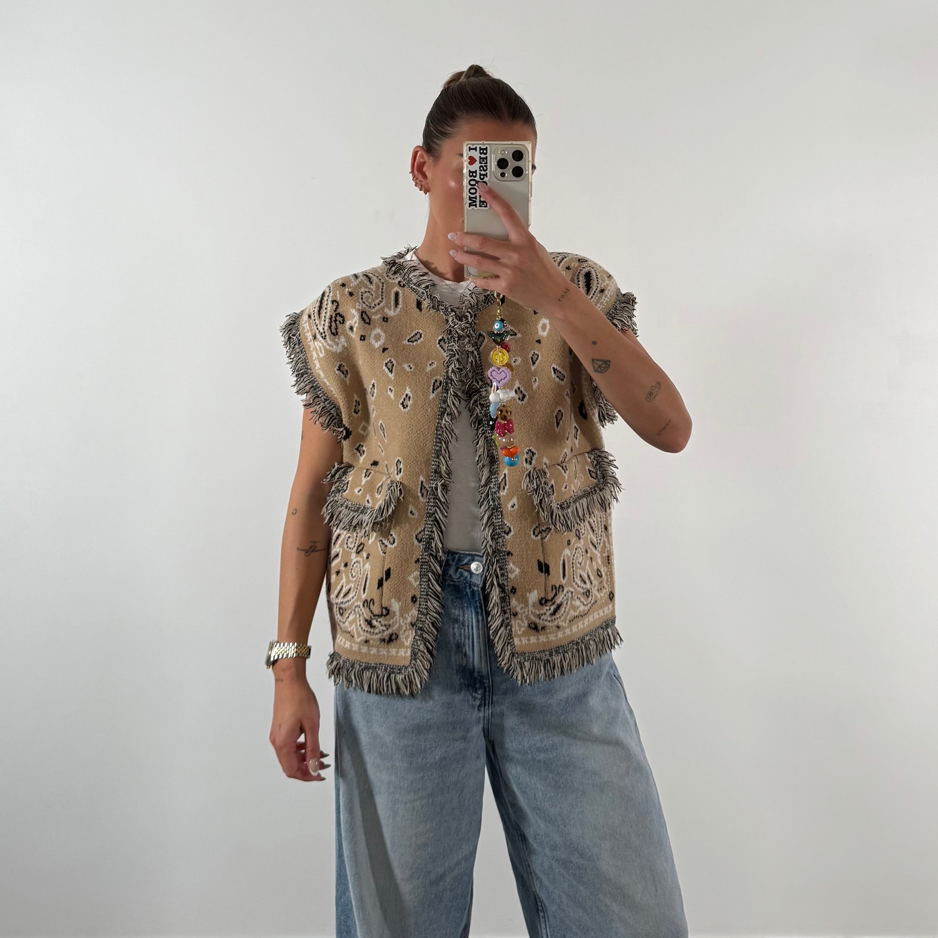 ‘LATTE’ FRINGED BANDANA KNIT WAISTCOAT