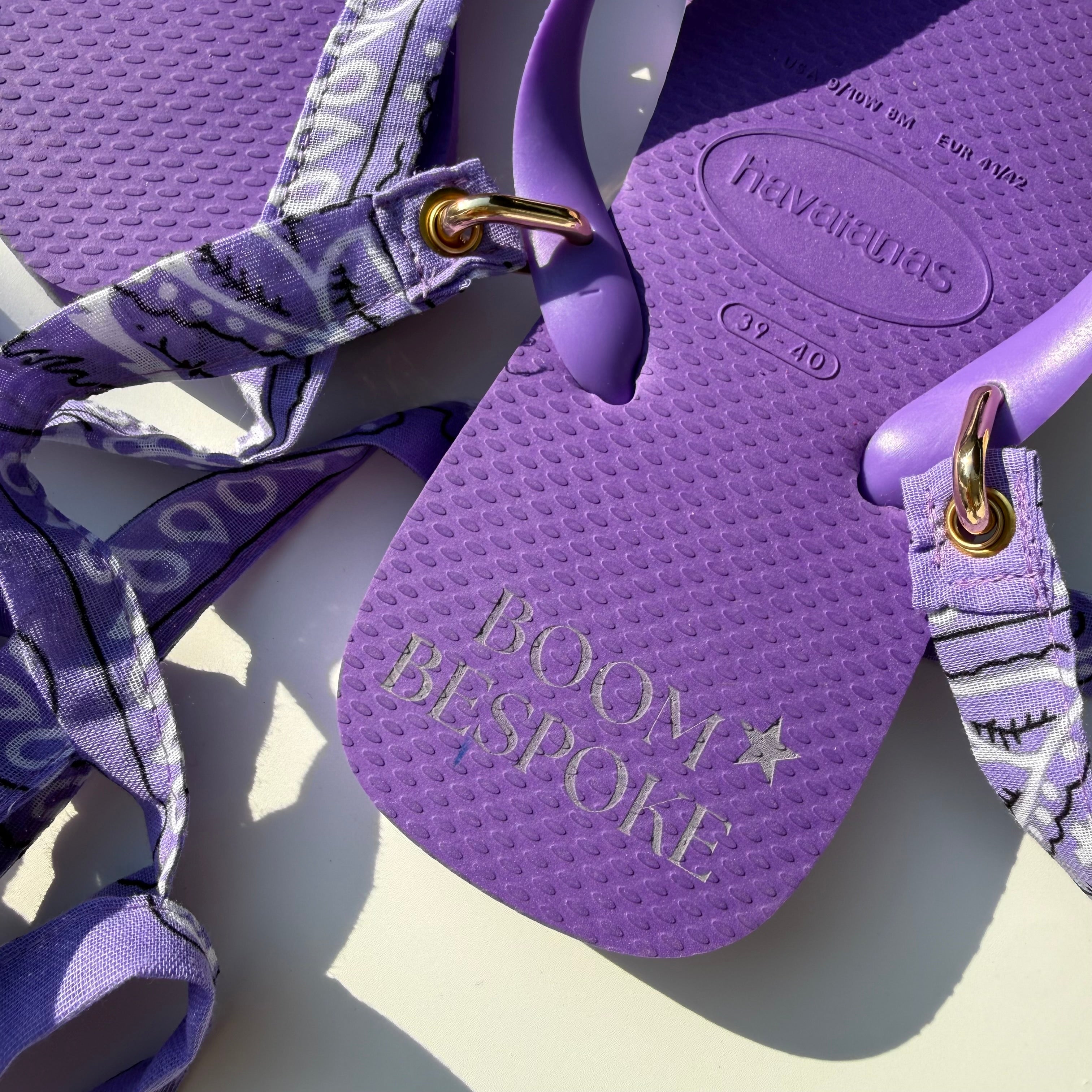 ‘CELESTIAL’ GOLD STAR STUD PURPLE BANDANA HAVAIANAS TOP FLIP FLOPS BY BOOM BESPOKE IMPERFECT PAIR