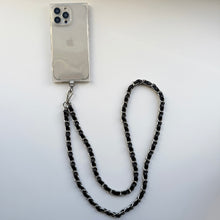 Load image into Gallery viewer, ‘COAL’ BLACK LEATHER GOLD CHAIN CROSSBODY PHONE STRAP
