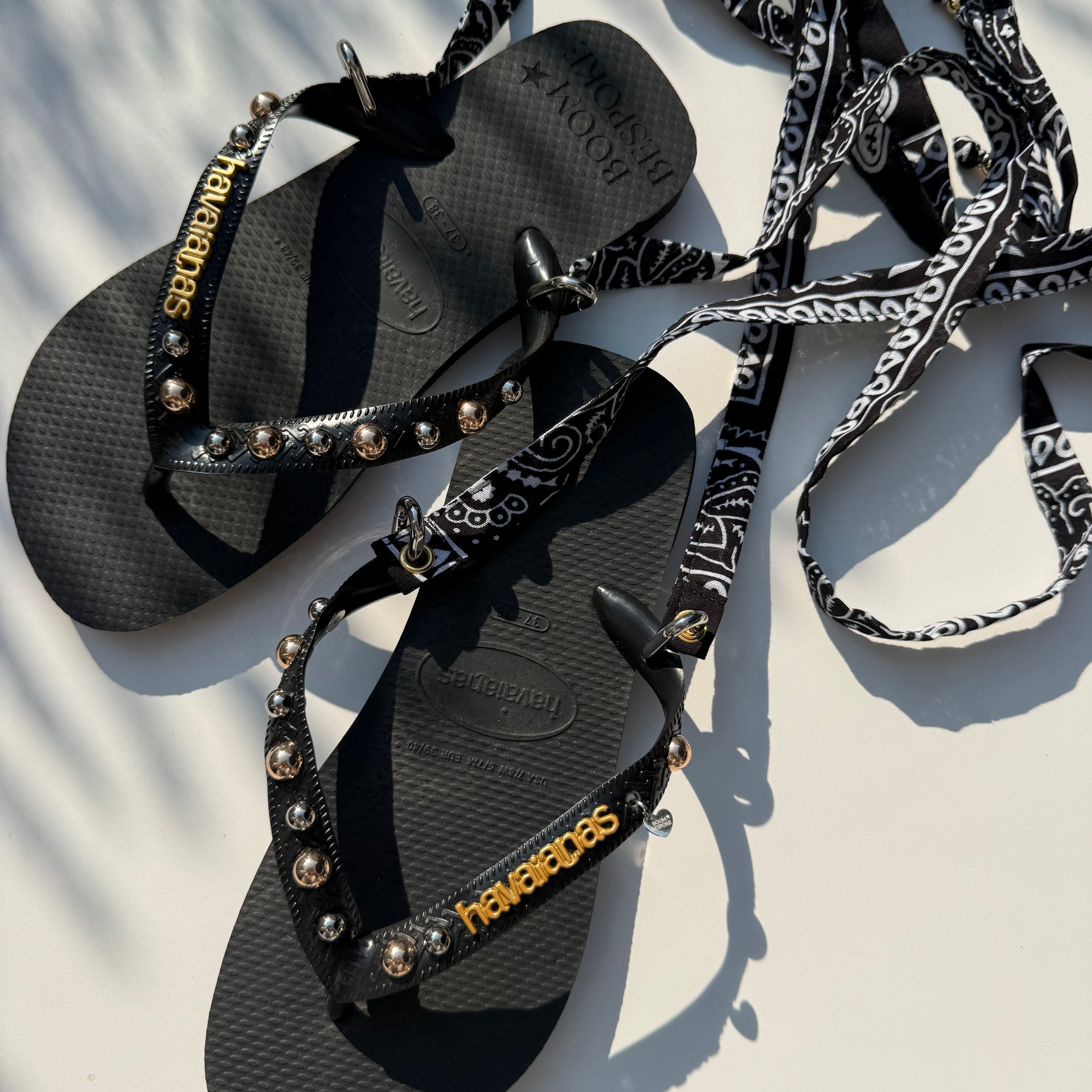 ‘MIXED METAL’ STUDDED BLACK BANDANA HAVAIANAS TOP FLIP FLOPS BY BOOM BESPOKE