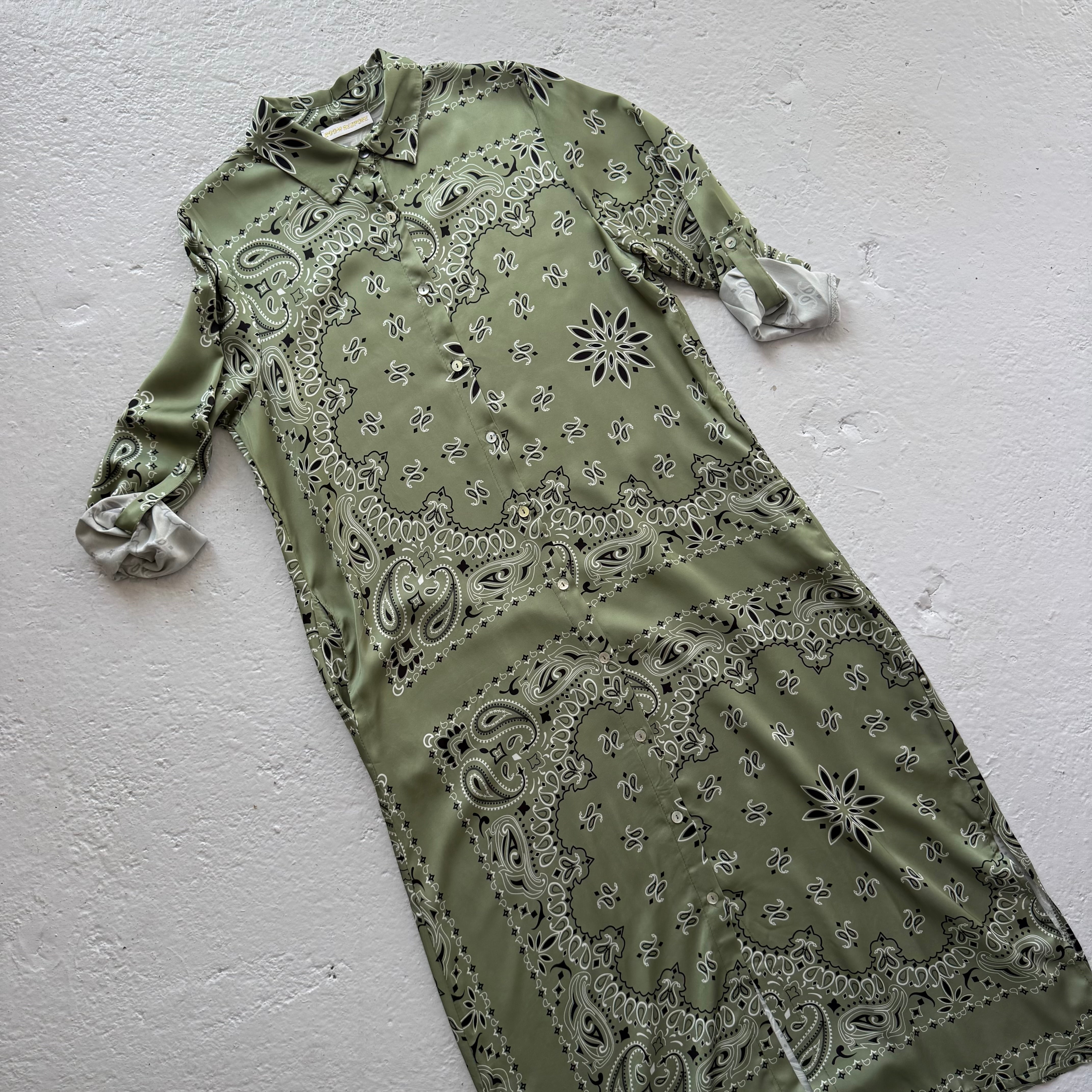 ‘ALOE’ GREEN BANDANA SILK MAXI SHIRT DRESS