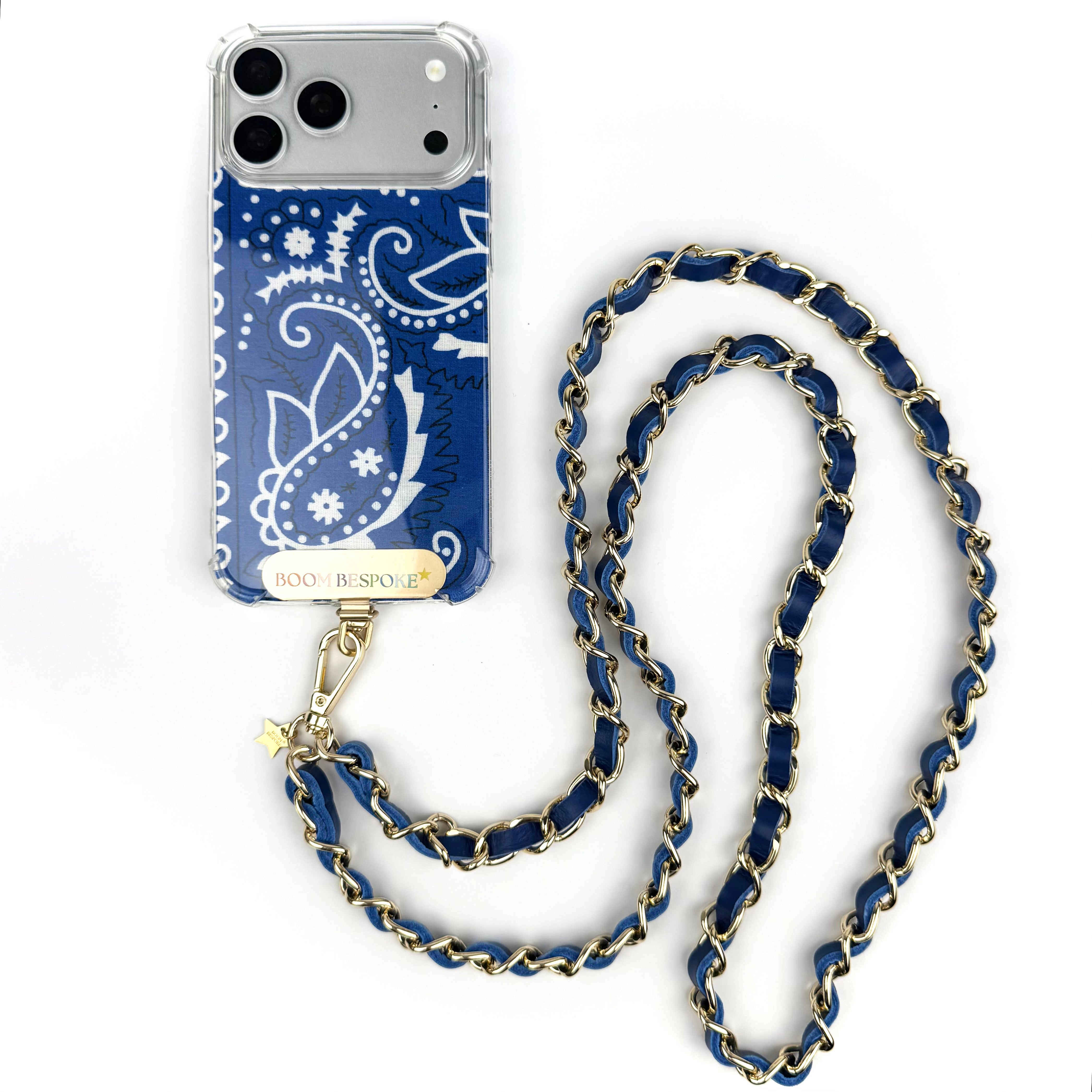 ‘PETROL’ BLUE LEATHER GOLD CHAIN CROSSBODY PHONE STRAP