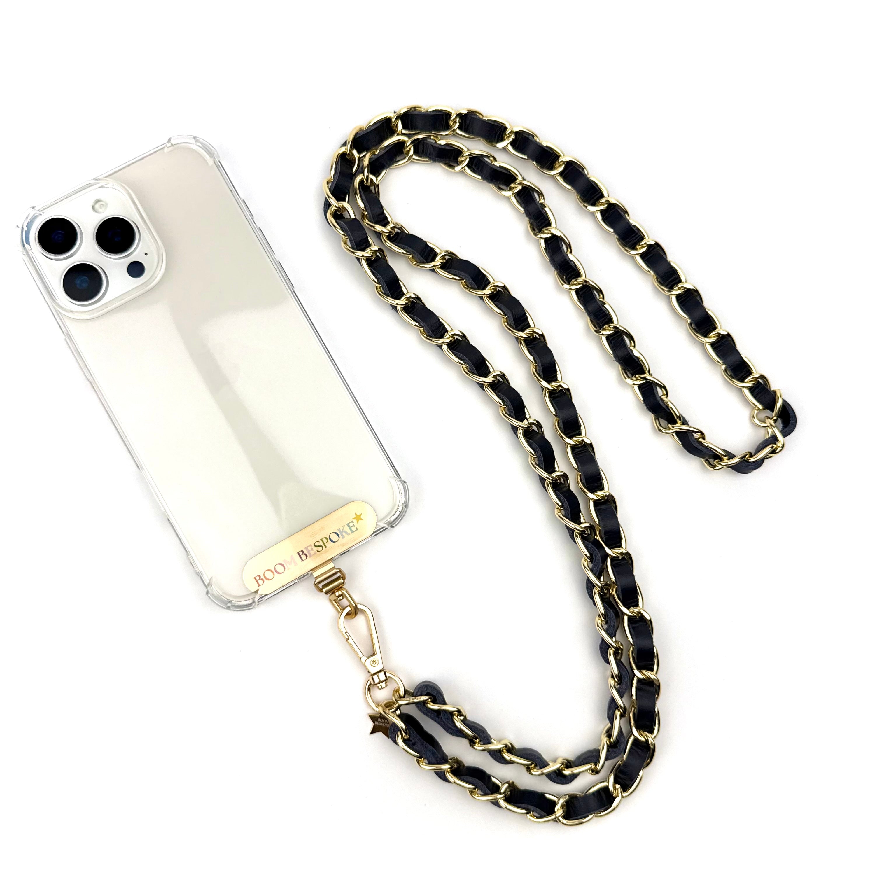‘MIDNIGHT’ NAVY BLUE LEATHER GOLD CHAIN CROSSBODY PHONE STRAP