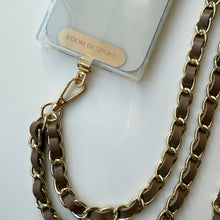 Load image into Gallery viewer, ‘TEA’ TAUPE LEATHER GOLD CHAIN CROSSBODY PHONE STRAP
