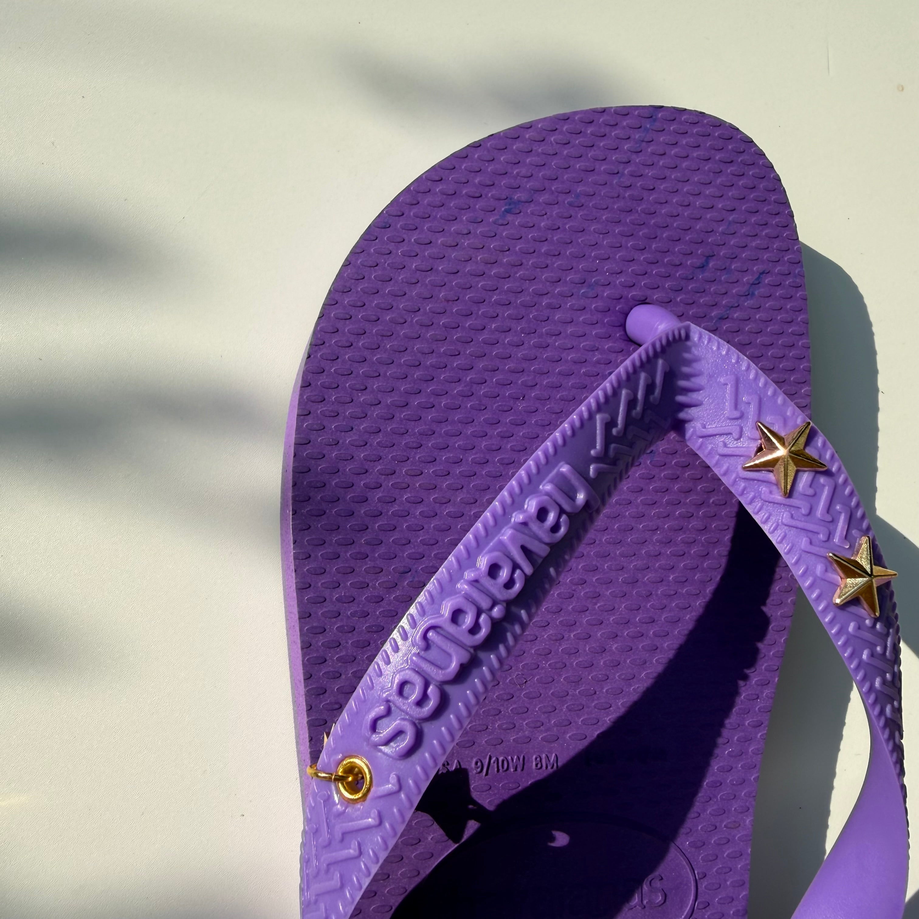 ‘CELESTIAL’ GOLD STAR STUD PURPLE BANDANA HAVAIANAS TOP FLIP FLOPS BY BOOM BESPOKE IMPERFECT PAIR