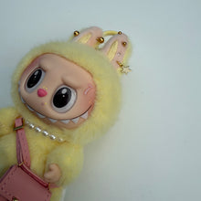 Load image into Gallery viewer, ‘PINK LEATHER BAG’ LETS CHECKMATE YELLOW BOOM BESPOKE LABUBU
