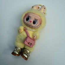 Load image into Gallery viewer, ‘PINK LEATHER BAG’ LETS CHECKMATE YELLOW BOOM BESPOKE LABUBU
