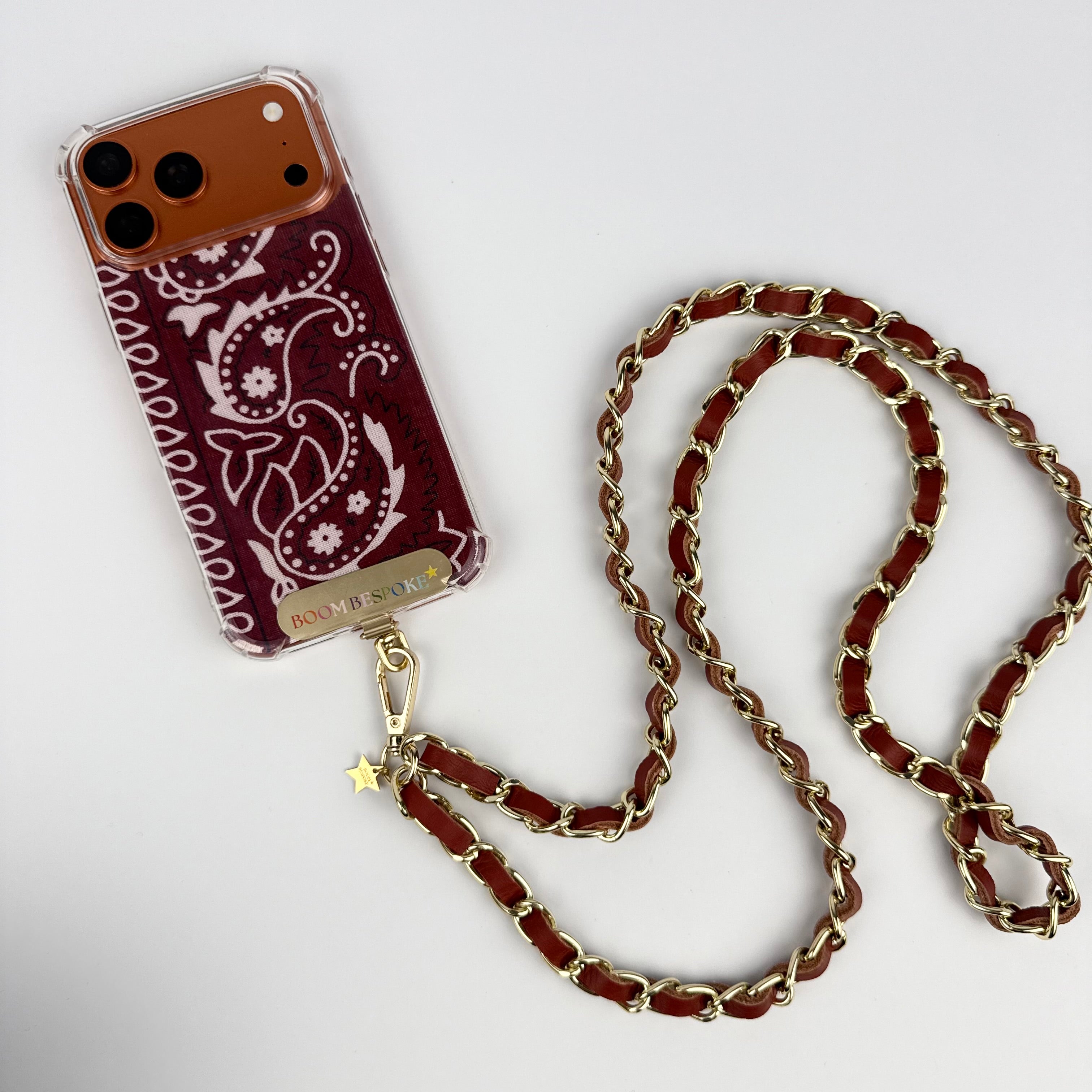 ‘RUST’ DEEP TAN LEATHER GOLD CHAIN CROSSBODY PHONE STRAP