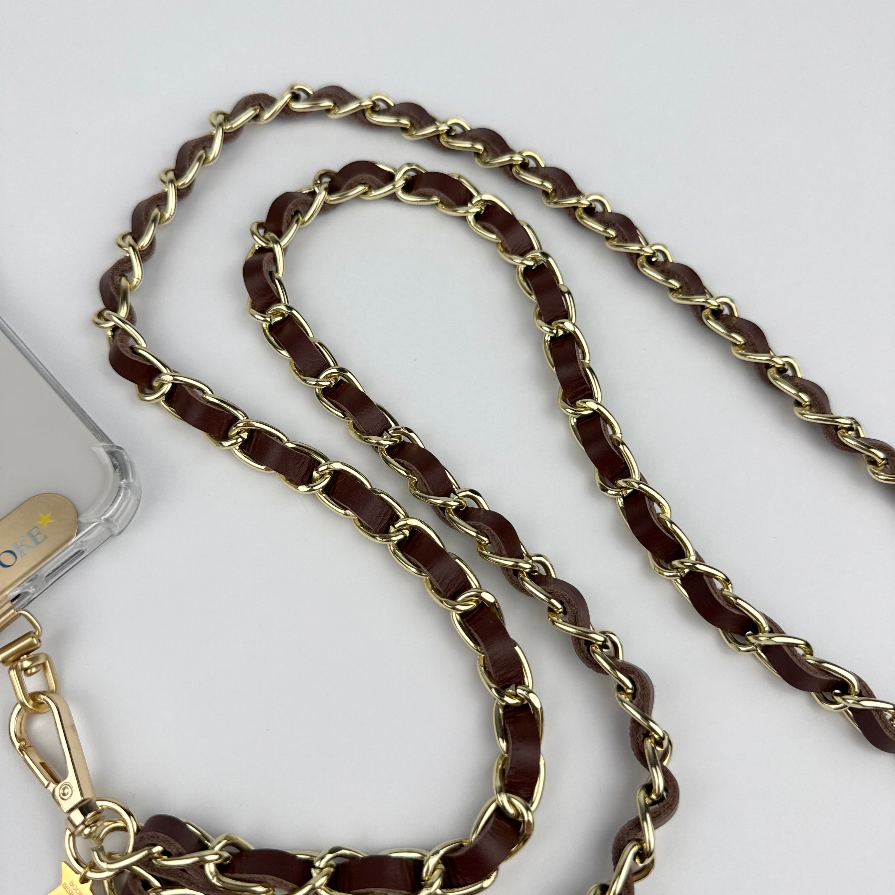 ‘ESPRESSO’ BROWN LEATHER GOLD CHAIN CROSSBODY PHONE STRAP