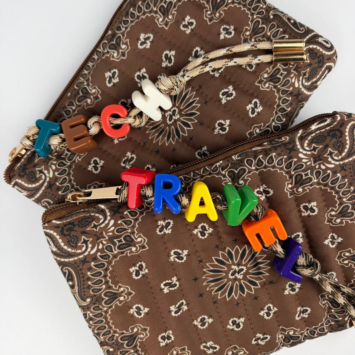 BROWN BESPOKE CHUNKY LETTER BEAD BANDANA ZIP POUCH