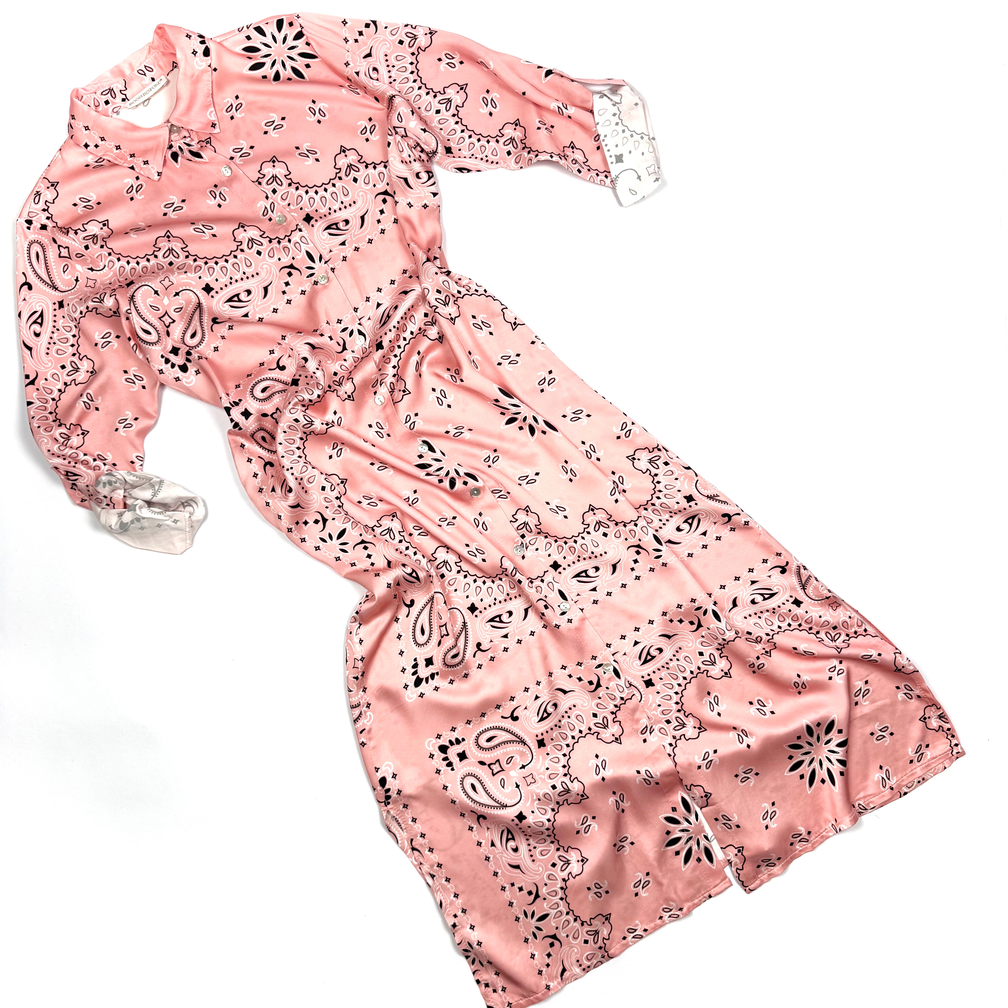 ‘ROSÉ’ PINK BANDANA SILK MAXI SHIRT DRESS