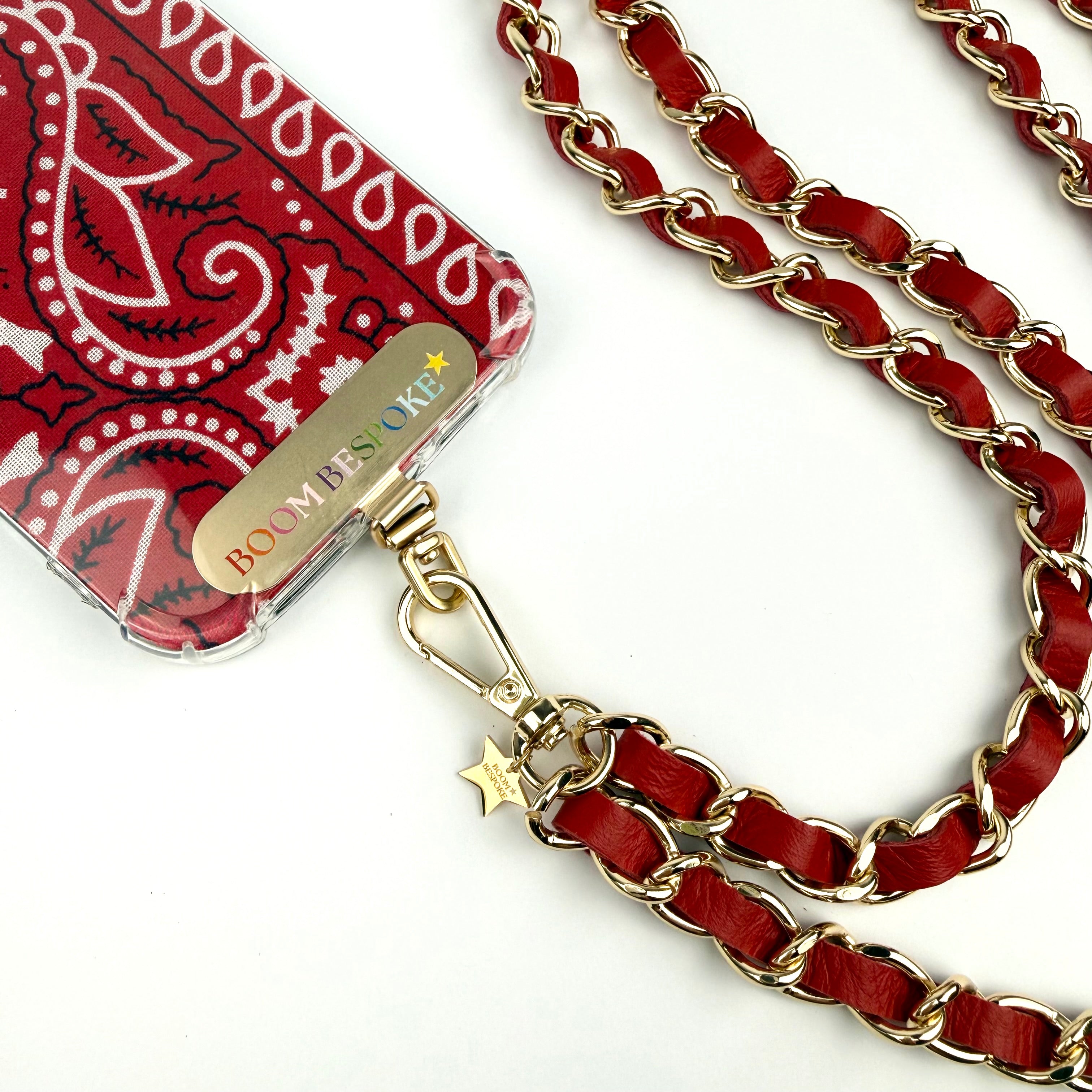 ‘CHERRY’ RED LEATHER GOLD CHAIN CROSSBODY PHONE STRAP