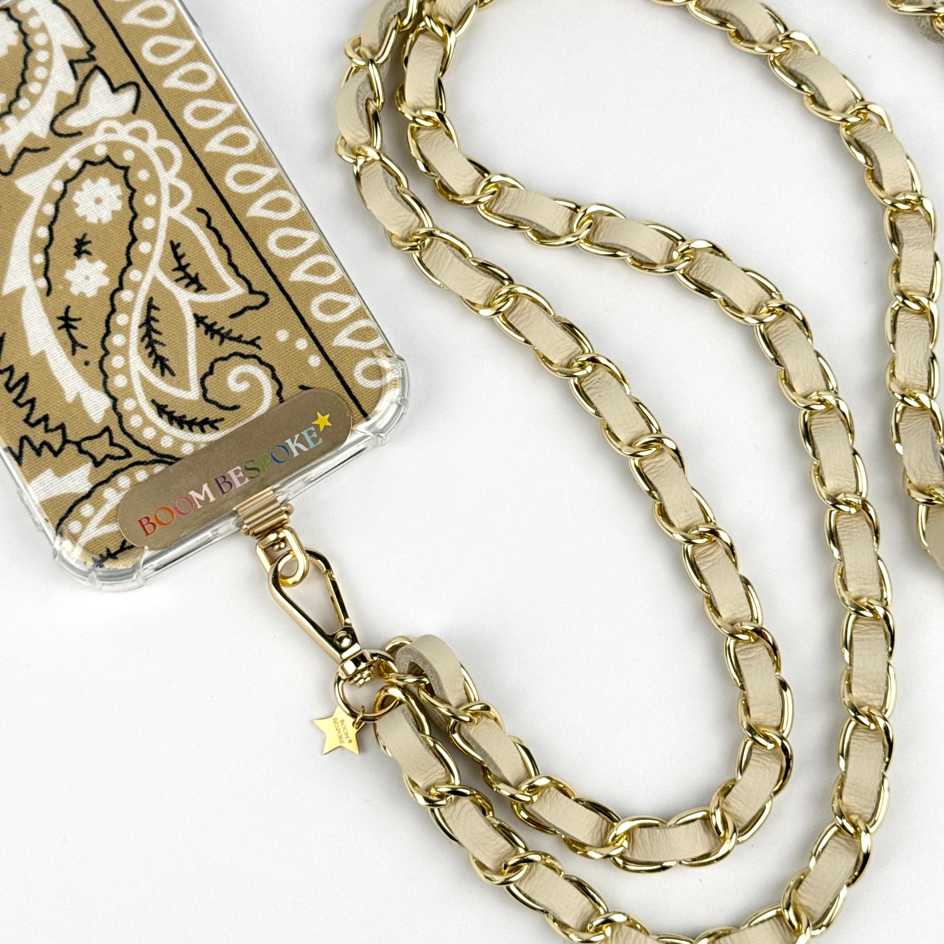 ‘CREAMY’ CREAM LEATHER GOLD CHAIN CROSSBODY PHONE STRAP