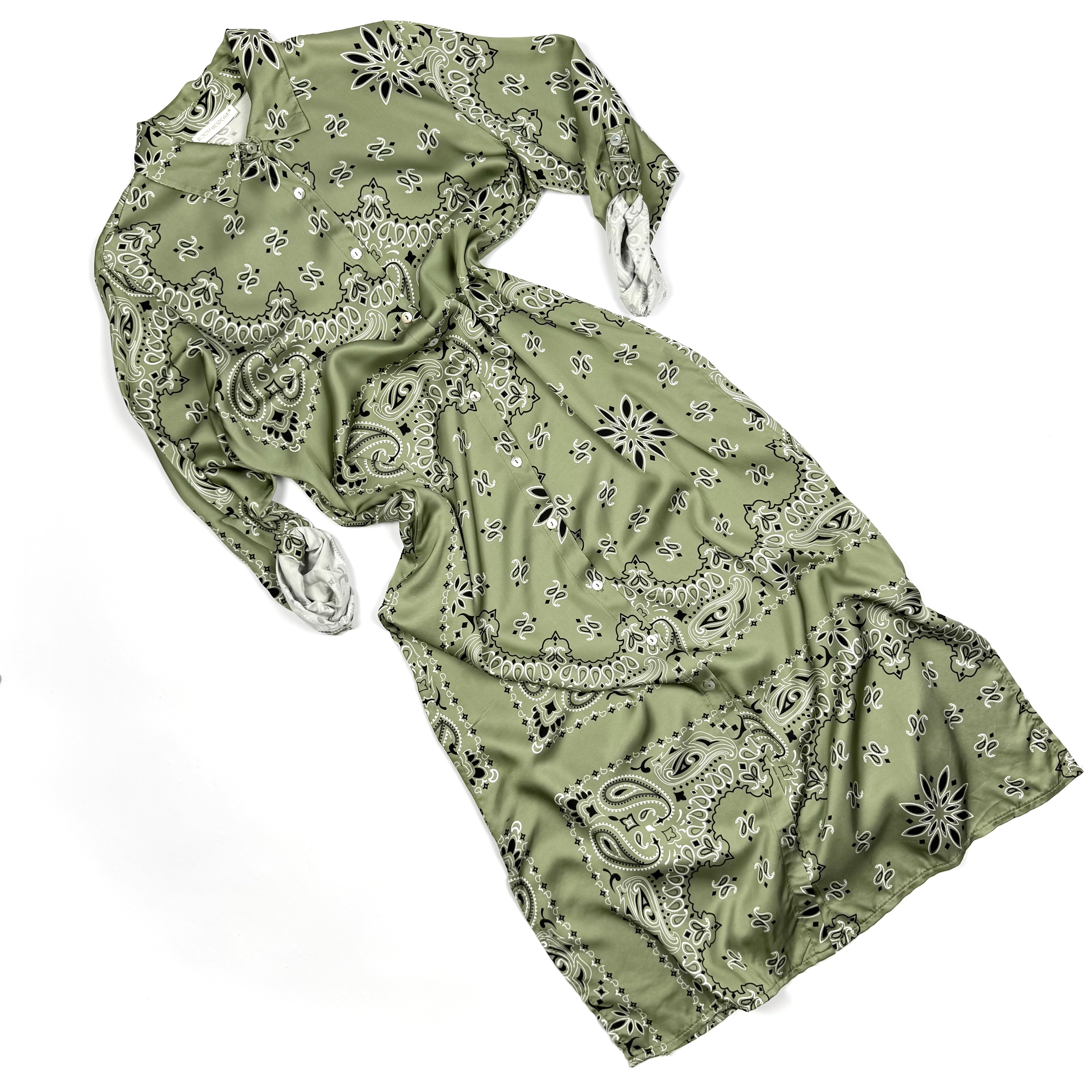 ‘ALOE’ GREEN BANDANA SILK MAXI SHIRT DRESS
