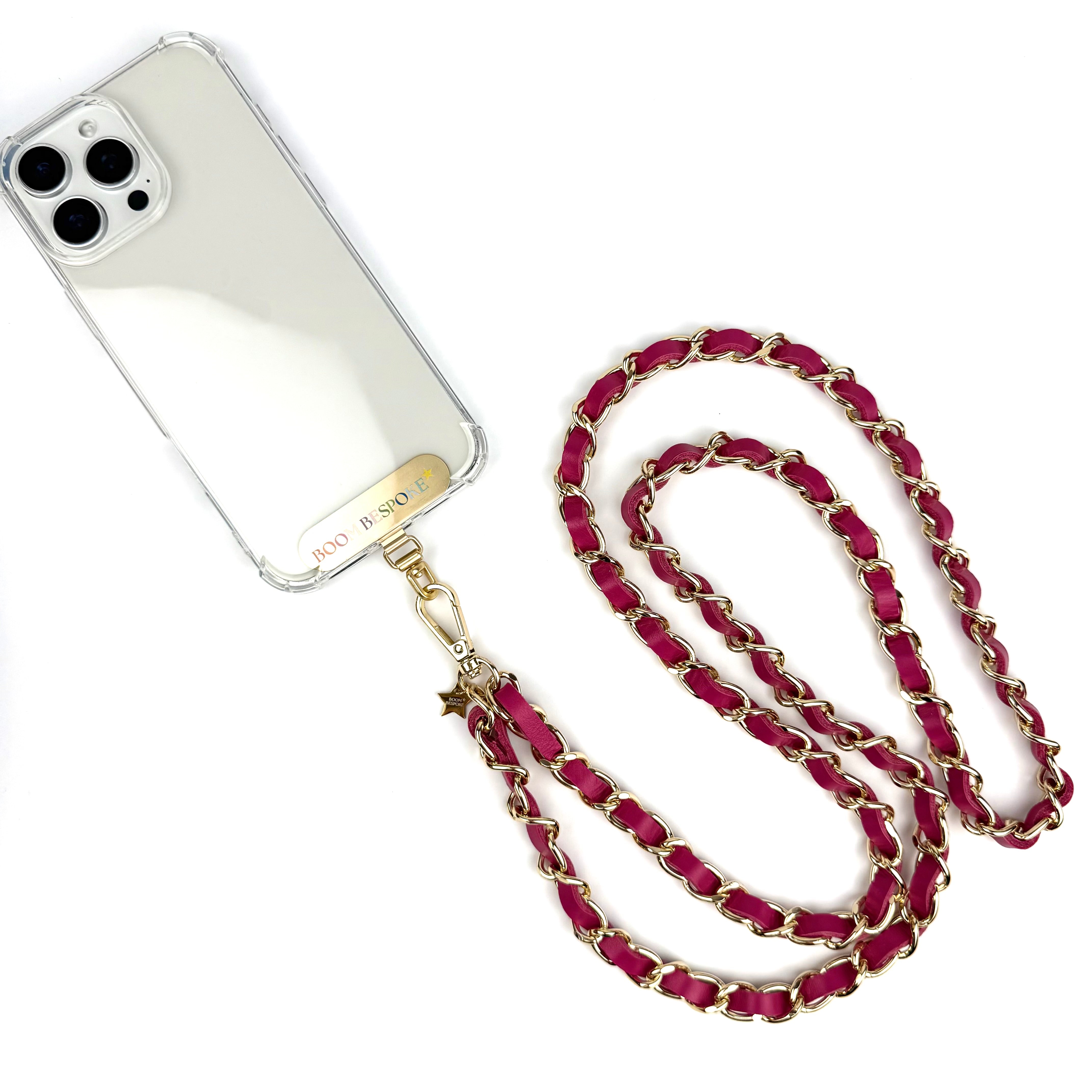 ‘FLAMINGO’ PINK LEATHER GOLD CHAIN CROSSBODY PHONE STRAP