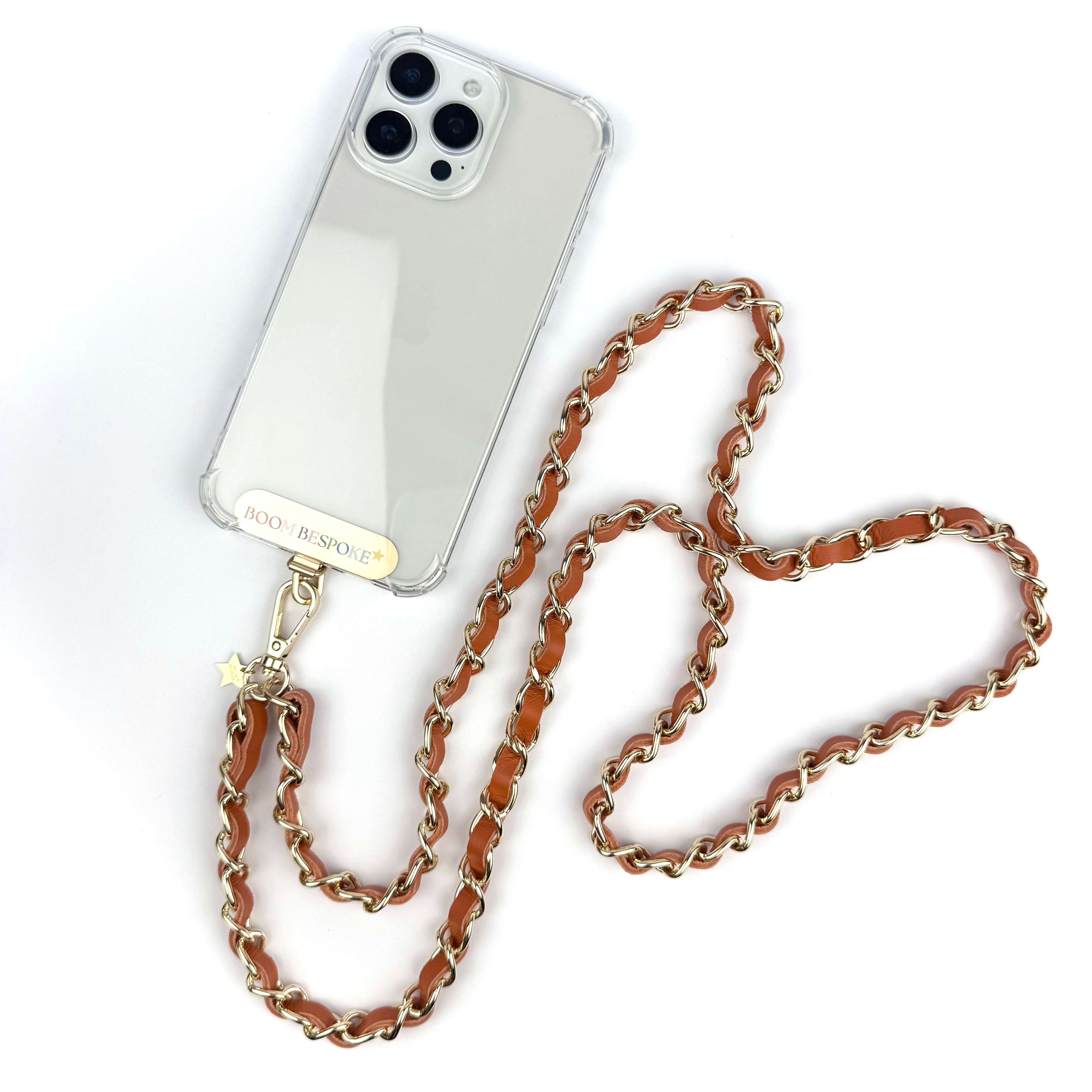 ‘VIT C’ ORANGE LEATHER GOLD CHAIN CROSSBODY PHONE STRAP