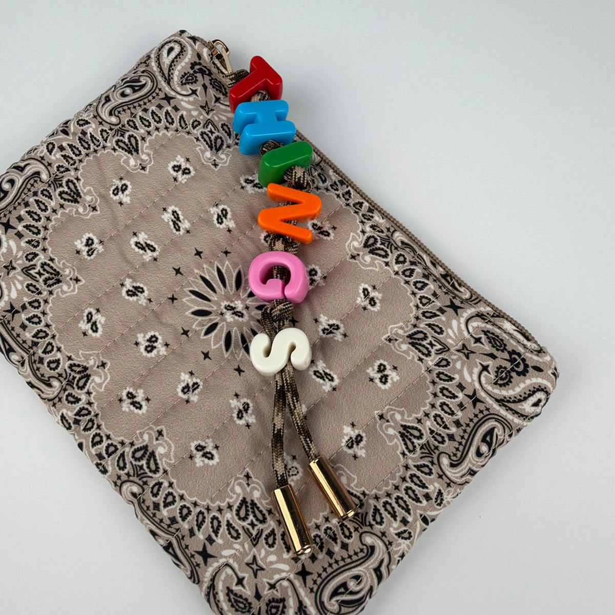 TAUPE BESPOKE CHUNKY LETTER BEAD BANDANA ZIP POUCH