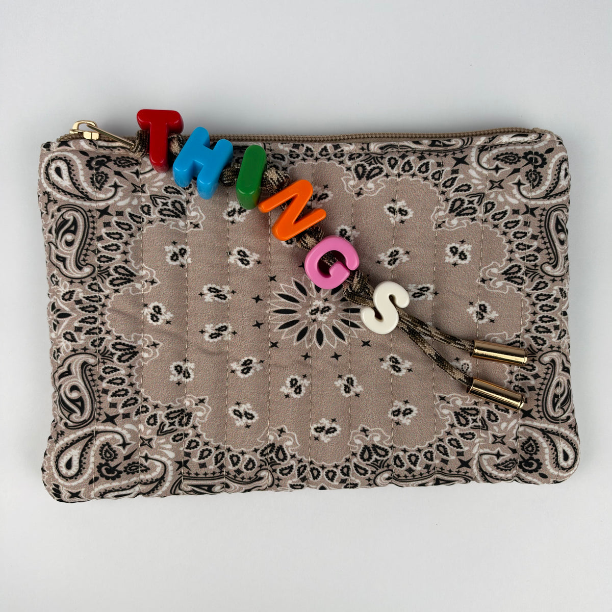 TAUPE BESPOKE CHUNKY LETTER BEAD BANDANA ZIP POUCH