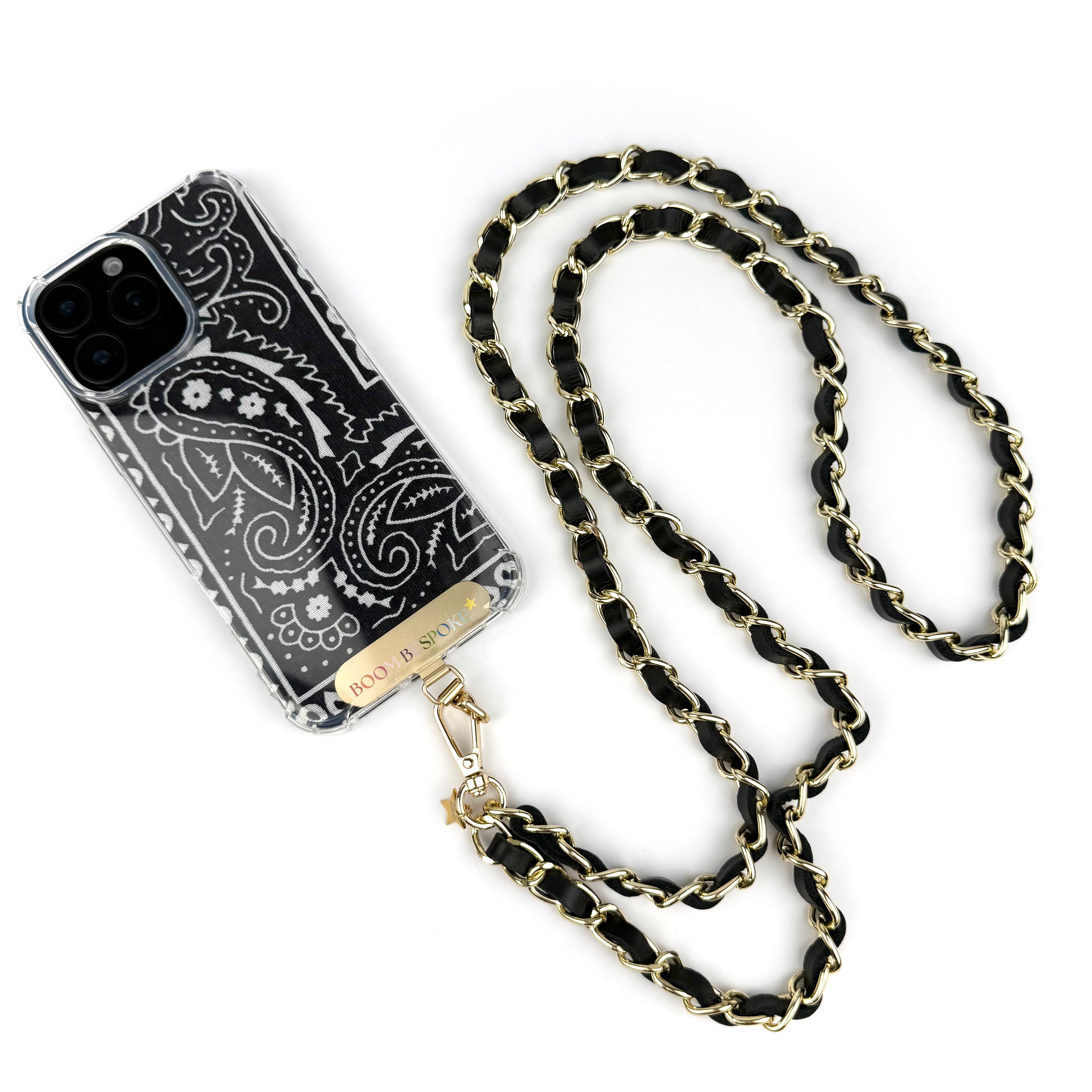 ‘COAL’ BLACK LEATHER GOLD CHAIN CROSSBODY PHONE STRAP