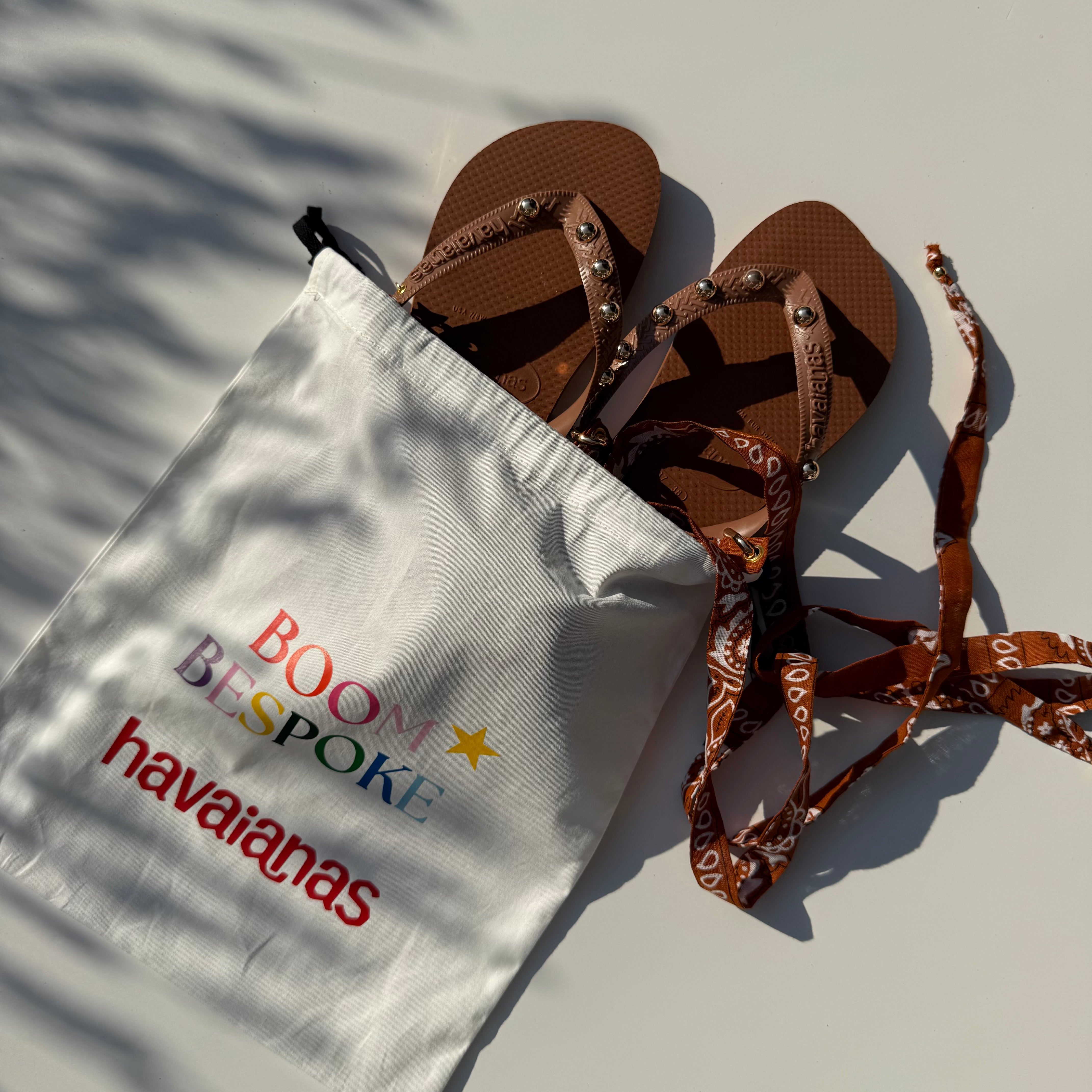 ‘TANNED’ GOLD STUDDED TAN BANDANA HAVAIANAS TOP FLIP FLOPS BY BOOM BESPOKE