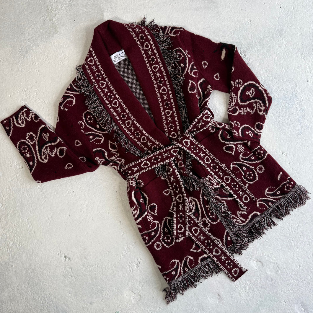 PREORDER ‘WINE’ BANDANA KNIT BELTED LONGLINE CARDIGAN
