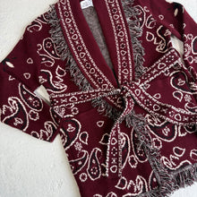 Load image into Gallery viewer, PREORDER ‘WINE’ BANDANA KNIT BELTED LONGLINE CARDIGAN

